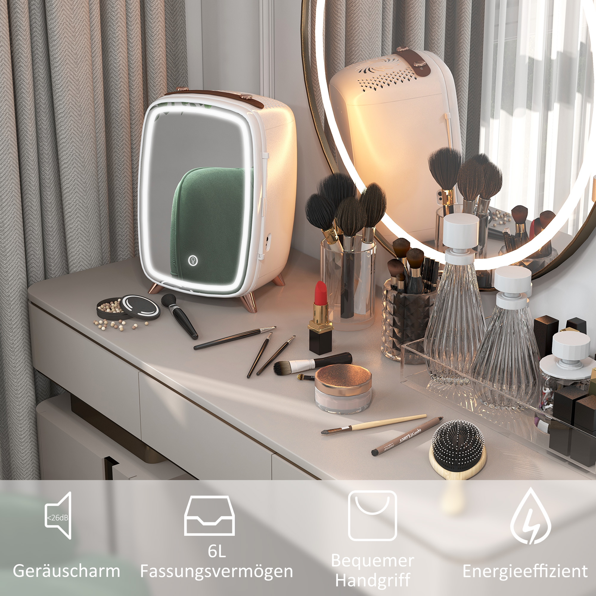 Minikühlschrank für Kosmetikprodukte, Getränke und Snacks, tragbar, mit beleuchtetem Spiegel, leiser Betrieb, 6L, Weiß