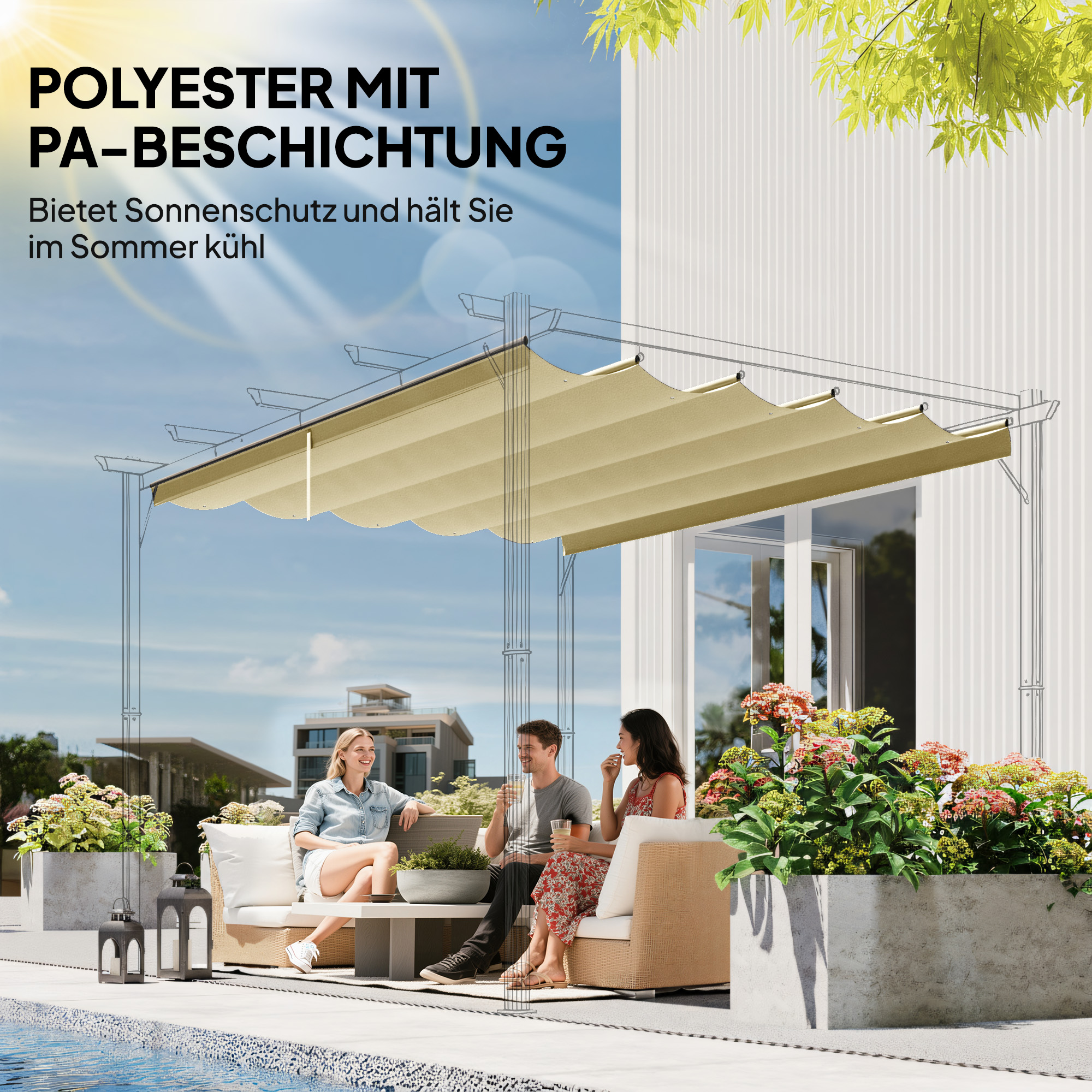 Ersatzdach für 4 x 3 m Pergola, einziehbar, mit Regenabflusslöchern, wetterfest, Polyester, Beige