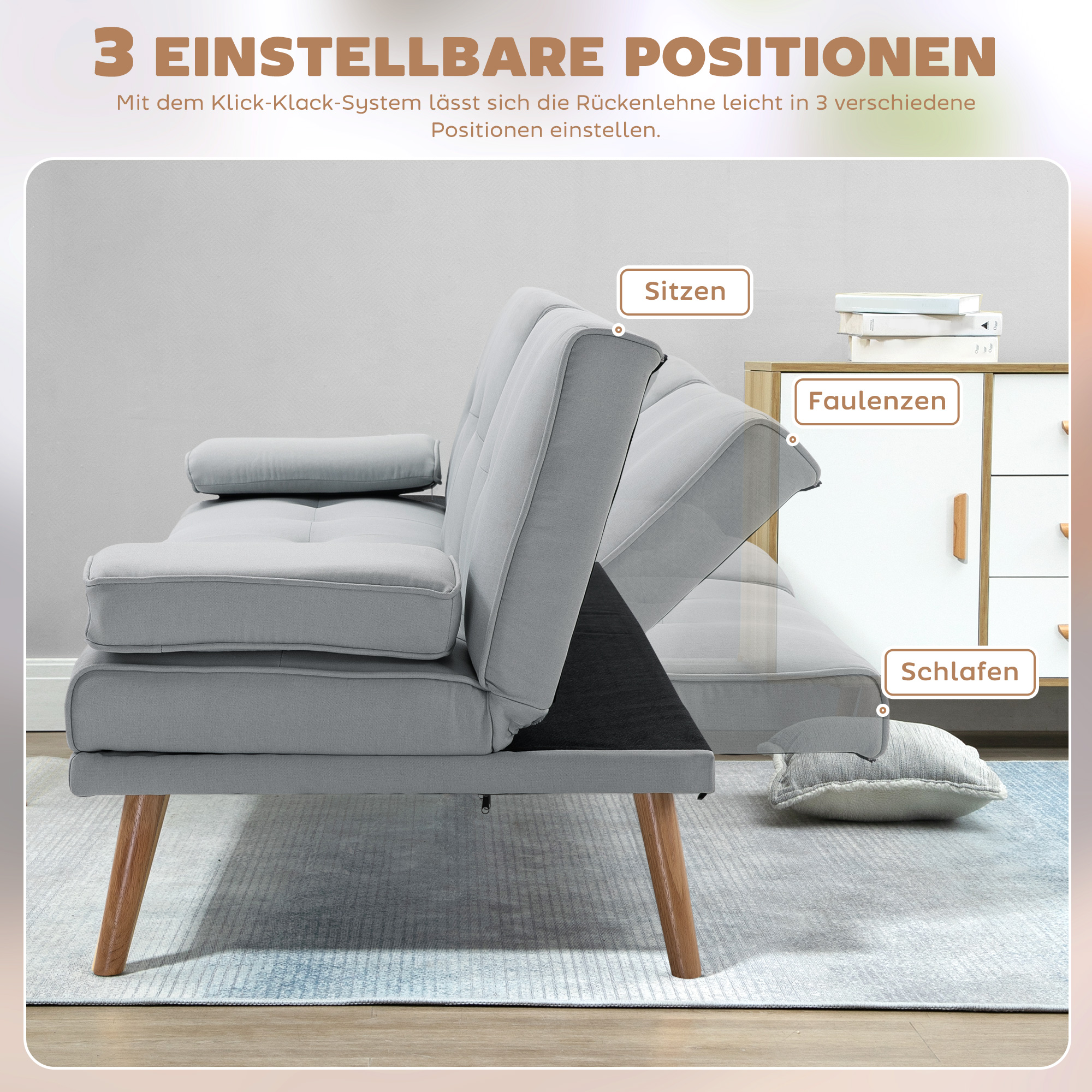 Schlafsofa, 3-Sitzer-Sofa, Bettsofa mit Klappbarem Tisch, Stoffsofa mit Leinenoptik, Schlafcouch mit Becherhalter, im Skandi-Design, bis 250 kg Belastbar, Hellgrau