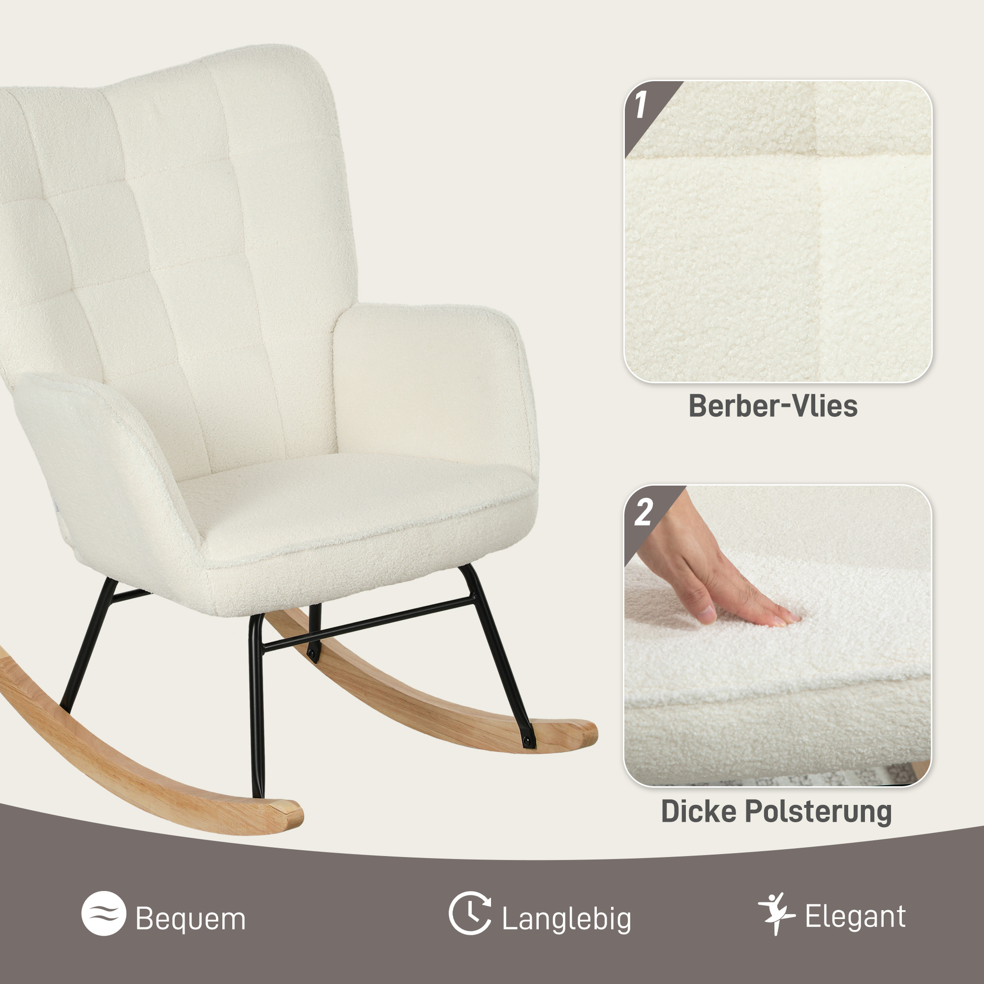 Schaukelstuhl in Vliesoptik mit Armlehnen, Ergonomischer Sessel mit Holzkufen, für Wohnzimmer, Schlafzimmer, Weiß