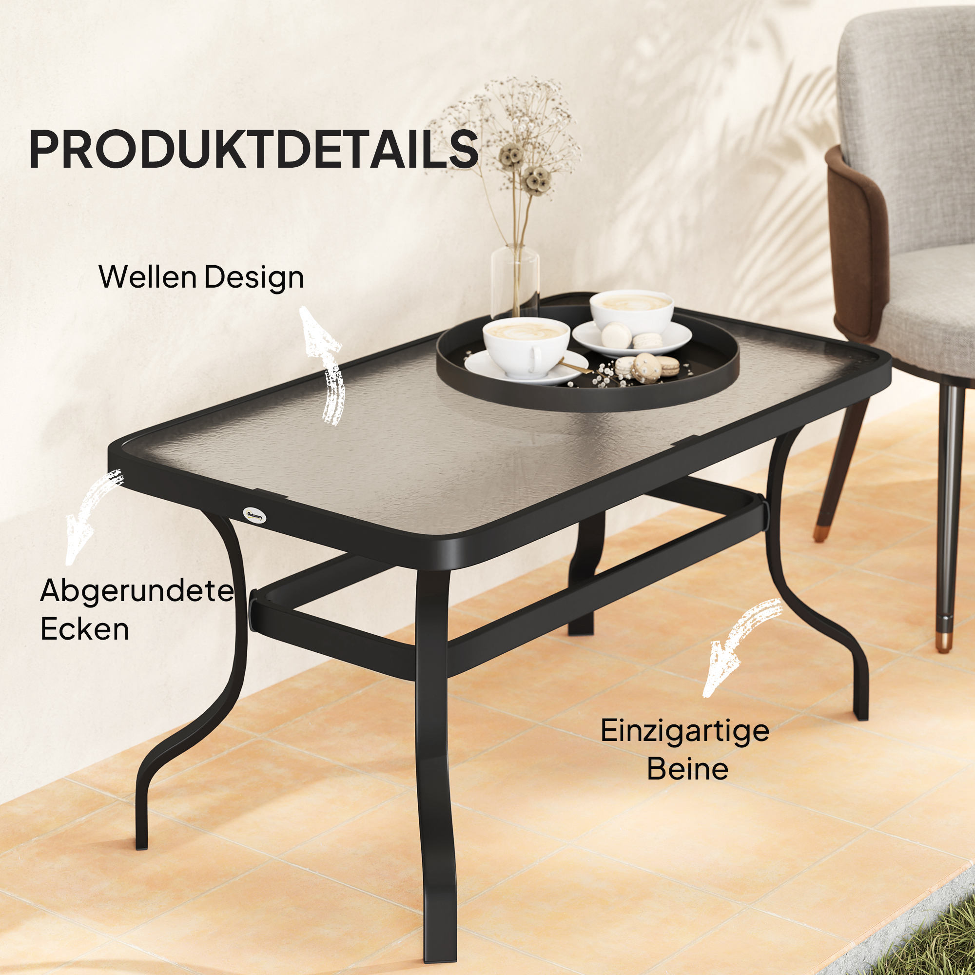 Beistelltisch Hartglas Kaffeetisch Couchtisch mit Wellendesign, Abgerundete Ecke Balkontisch 95x55 cm Schwarz