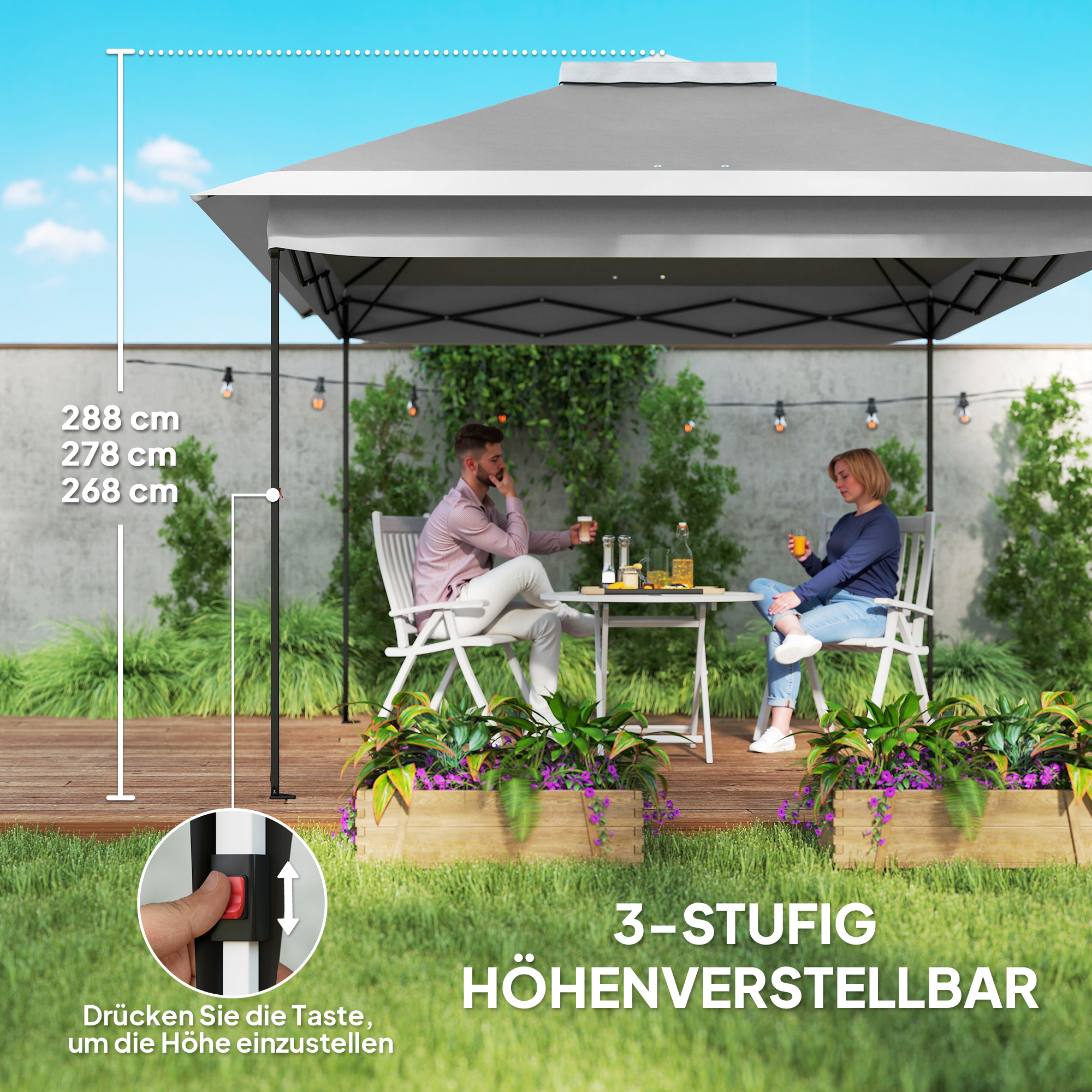 Faltpavillon, Gartenpavillon, Metall und Stoffplane, Netzvorhänge, Entwässerungslöcher, 330L x 330B x 288H cm, Grau