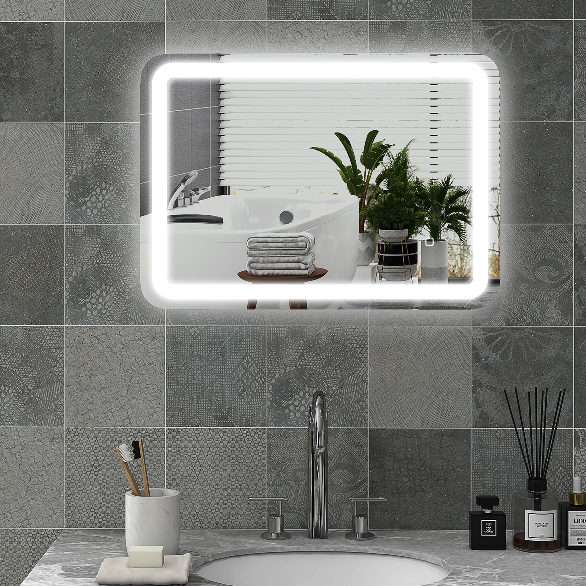 Badezimmerspiegel, beleuchtet, Touch-Steuerung, beschlagfrei, dimmbar, 3 Lichtfarben, 50x70, Silber