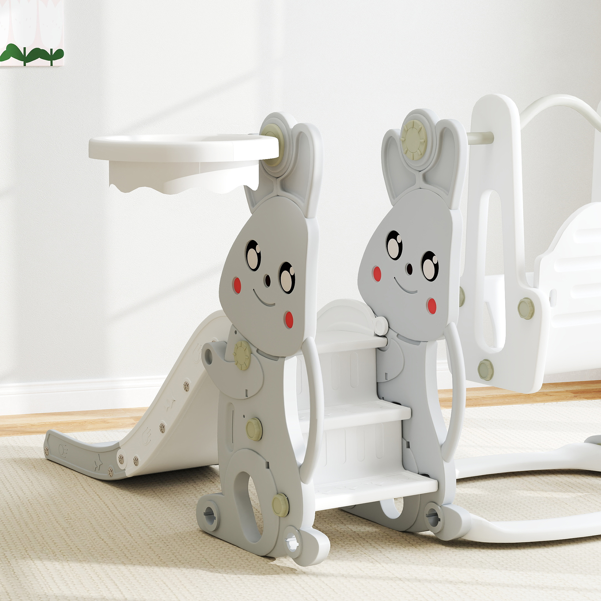 4-in-1 Spielset für Kleinkinder, Rutsche, Schaukel, Klettergerüst, Basketballkorb, Kunststoff, Hasendesign, Grau