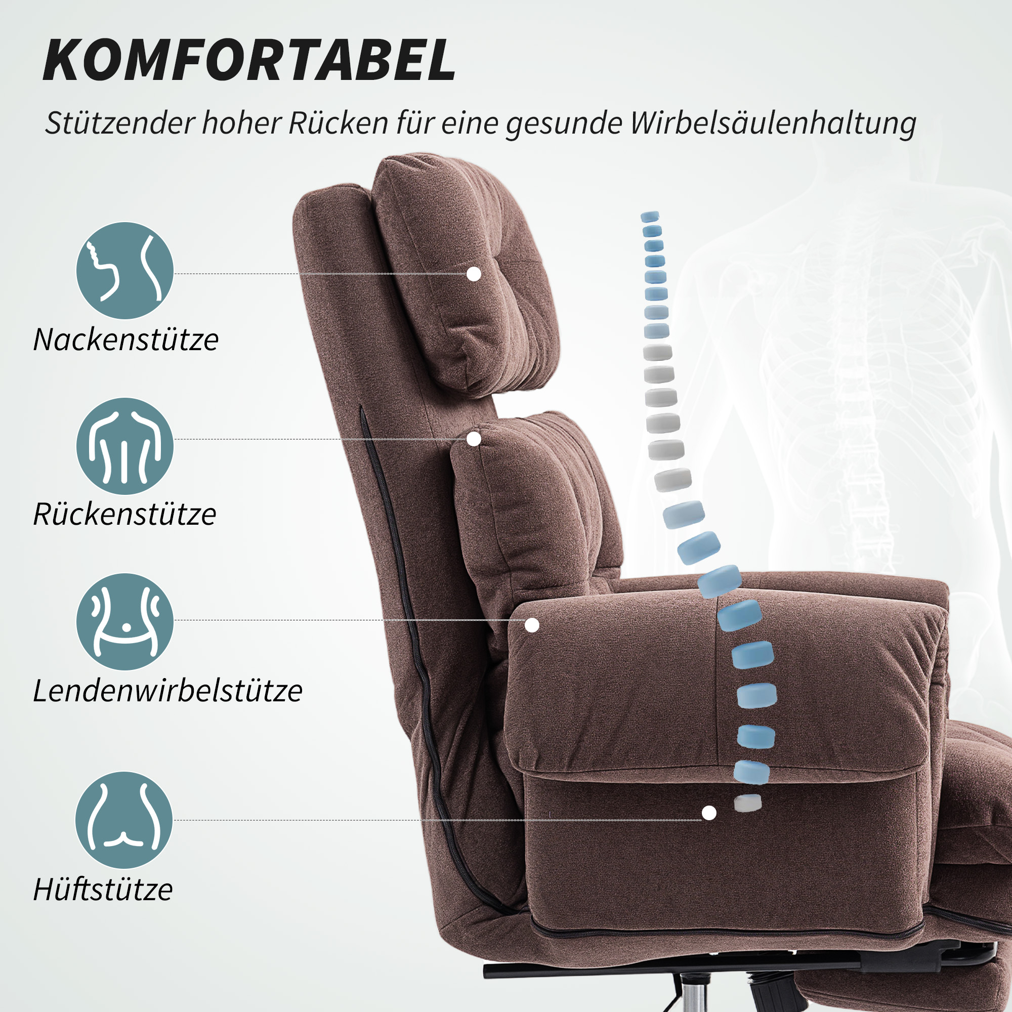 Bürostuhl mit verstellbarer Rückenlehne, rollbarer Polsterstuhl, Polstersessel, höhenverstellbar, Stahl, Braun