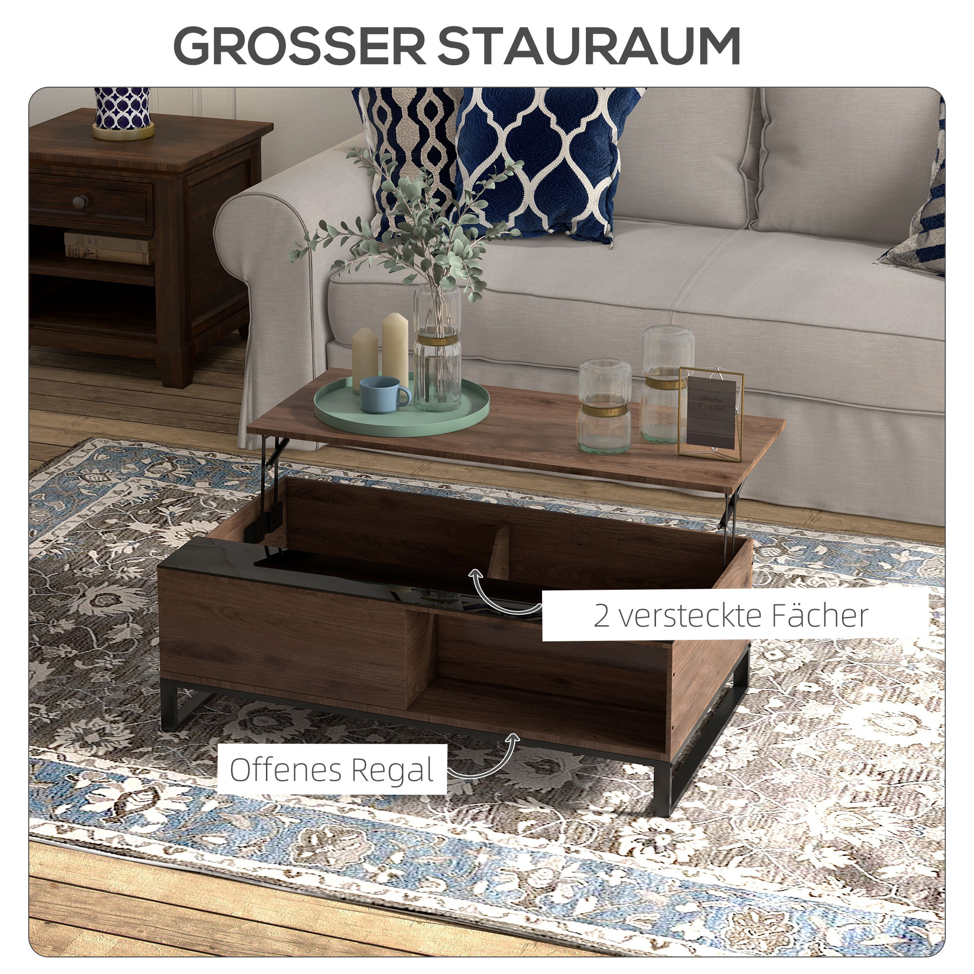 Beistelltisch mit Hebefunktion, verstecktes Staufach, Walsnussholzoptik, Stahlrahmen, 102 x 58 x 35,5 cm