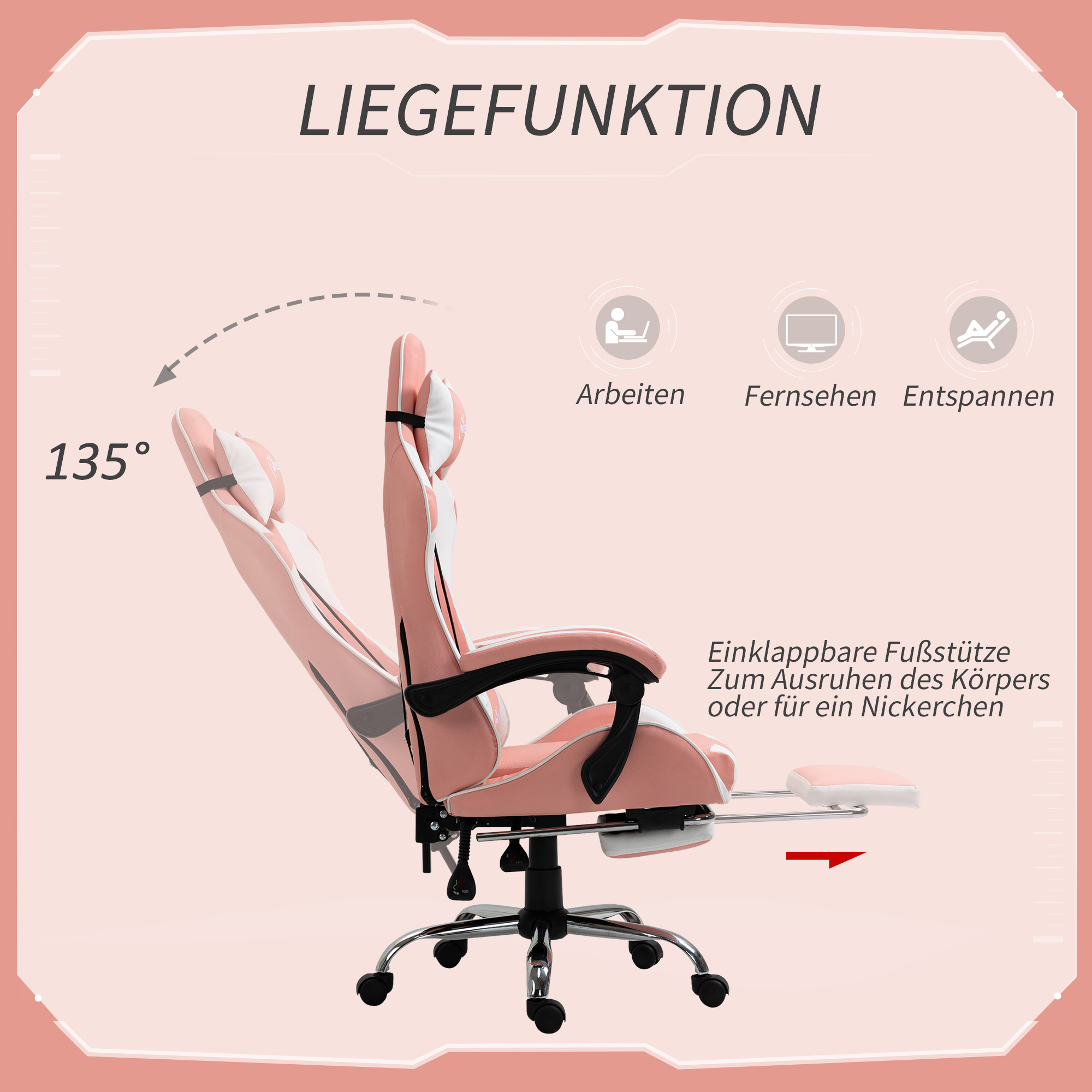 Gamingstuhl Computerstuhl Ergonomischer Bürostuhl Gamer Stuhl mit Kopfstütze Lendenkissen Bürostuhl höhenverstellbar 360°drehbar Schaumstoff Kunstleder PVC Rosa+Weiß 64 x 67 x 119-127 cm