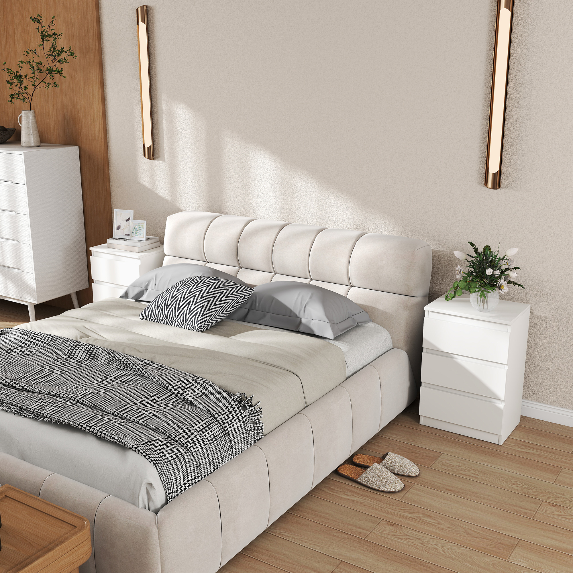 Nachttisch, 2er Set Beistelltisch mit 3 Schubladen, Nachtschrank, Nachtkommode für Schlafzimmer, Wohnzimmer, 40 x 30 x 59,5 cm, Weiß