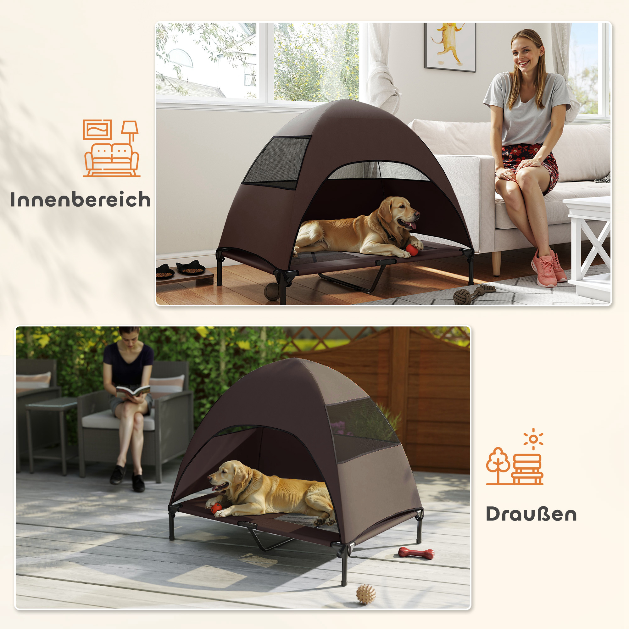 Hundeliege Outdoor mit Dach, erhöhtes Hundebett für Große Hunde, 106 x 76 x 99 cm, Kaffee
