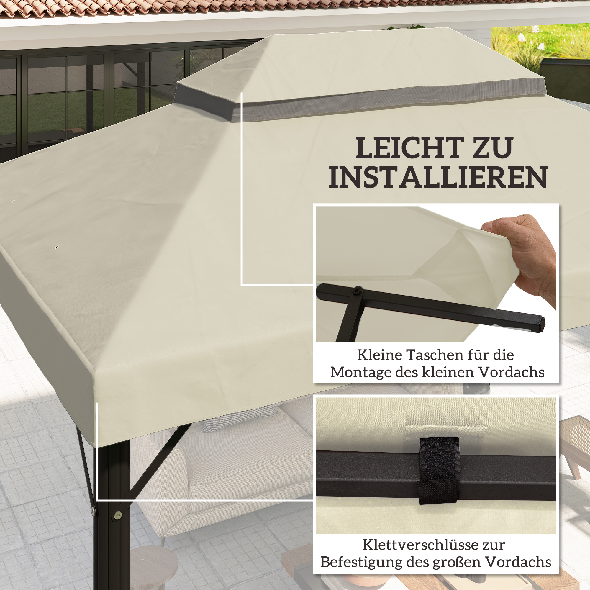 Pavillon-Ersatzdach, 3 x 4 m, Ersatzplane mit Wasserablauf-Öffnungen, Polyester, Sonnenschutz, UPF30+, Cremeweiß