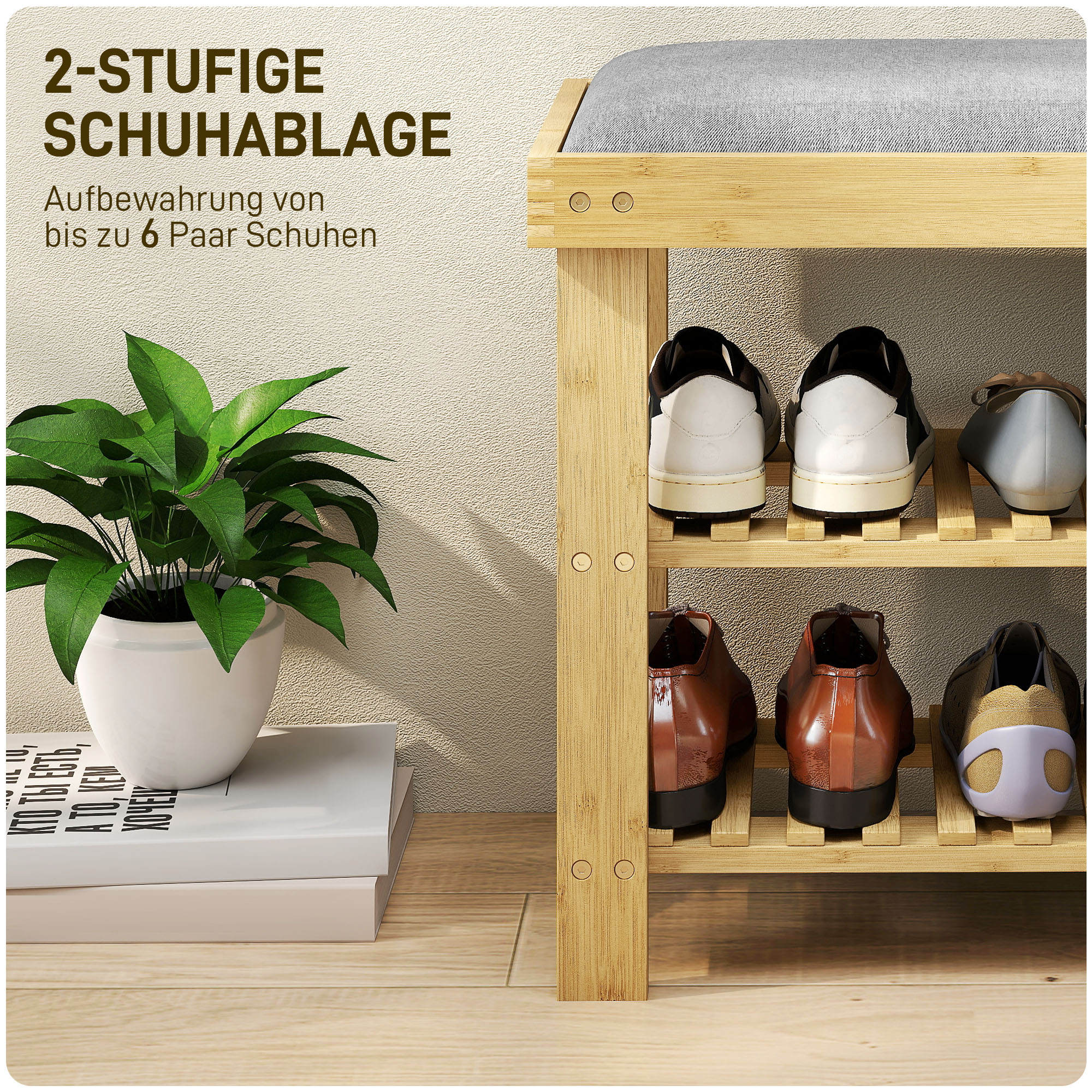 Schuhbank mit Sitzfläche, Bambus Sitzbank mit Stauraum, 2 offene Fächer, Sitzbank 60 x 29 x 49 cm Grau