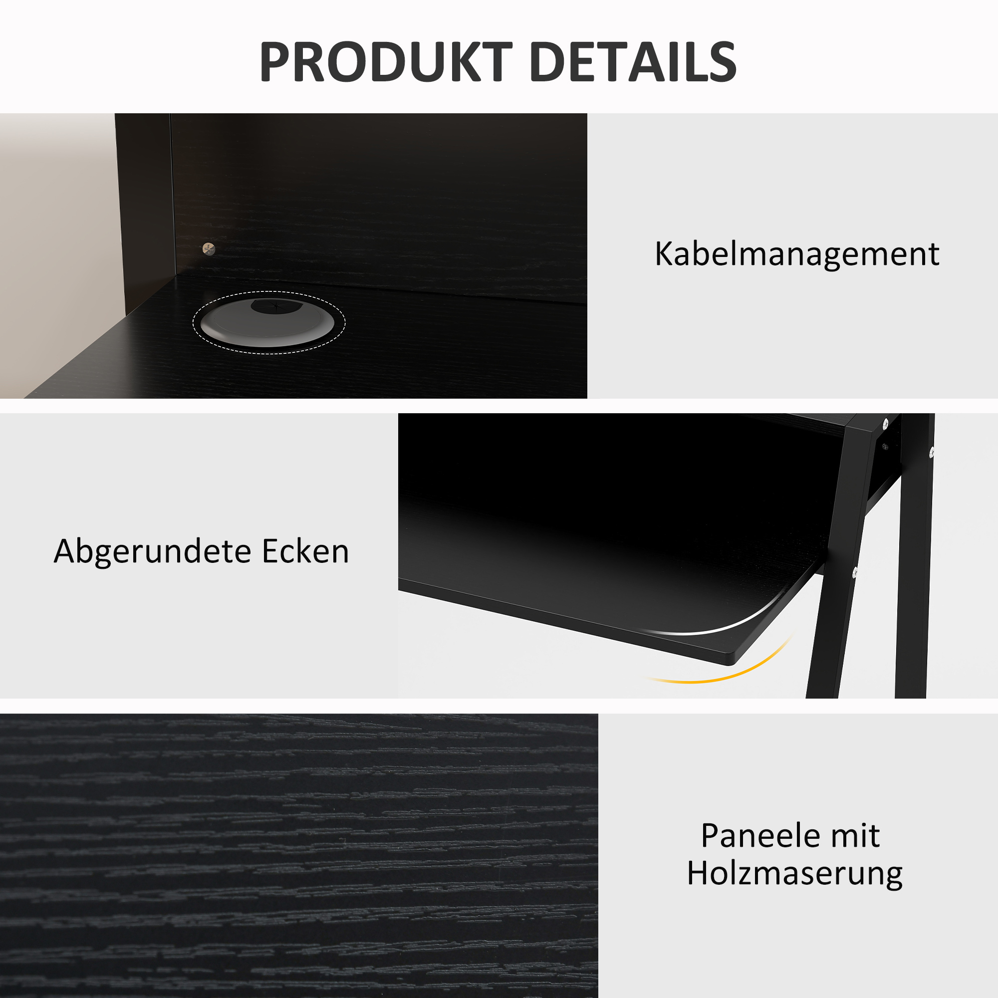 Schreibtisch, Computertisch mit Ablage und Kabel Management, moderner Schreibtisch mit Metallgestell für Arbeitszimmer, Schlafzimmer, Home Office, 84 x 45 x 85 cm, Schwarz