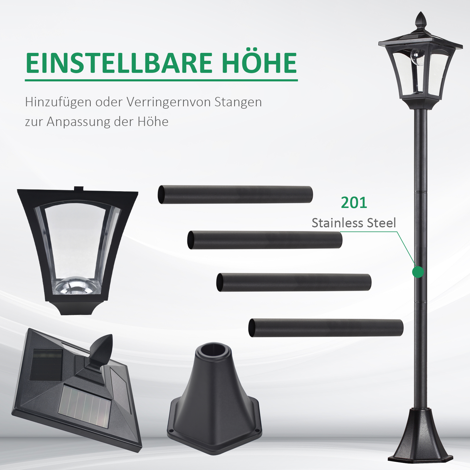 LED Solar Gartenlaterne, Stehleuchte aus Edelstahl Gartenlampe 160 cm hoch Windlicht Außenleuchte IP44, Solarlampe mit Lichtsensor 30 Lumen Erdspieß, Gartenlampe für Garten Balkon Schwarz