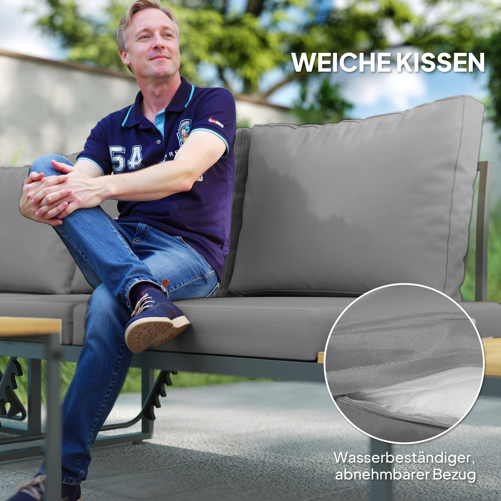 Außenmöbel-Set, auf 6 Sitze erweiterbar, L-förmige Outdoor-Sitzecke mit Tischen, Stahlrahmen, verstellbare Lehnen, Grau