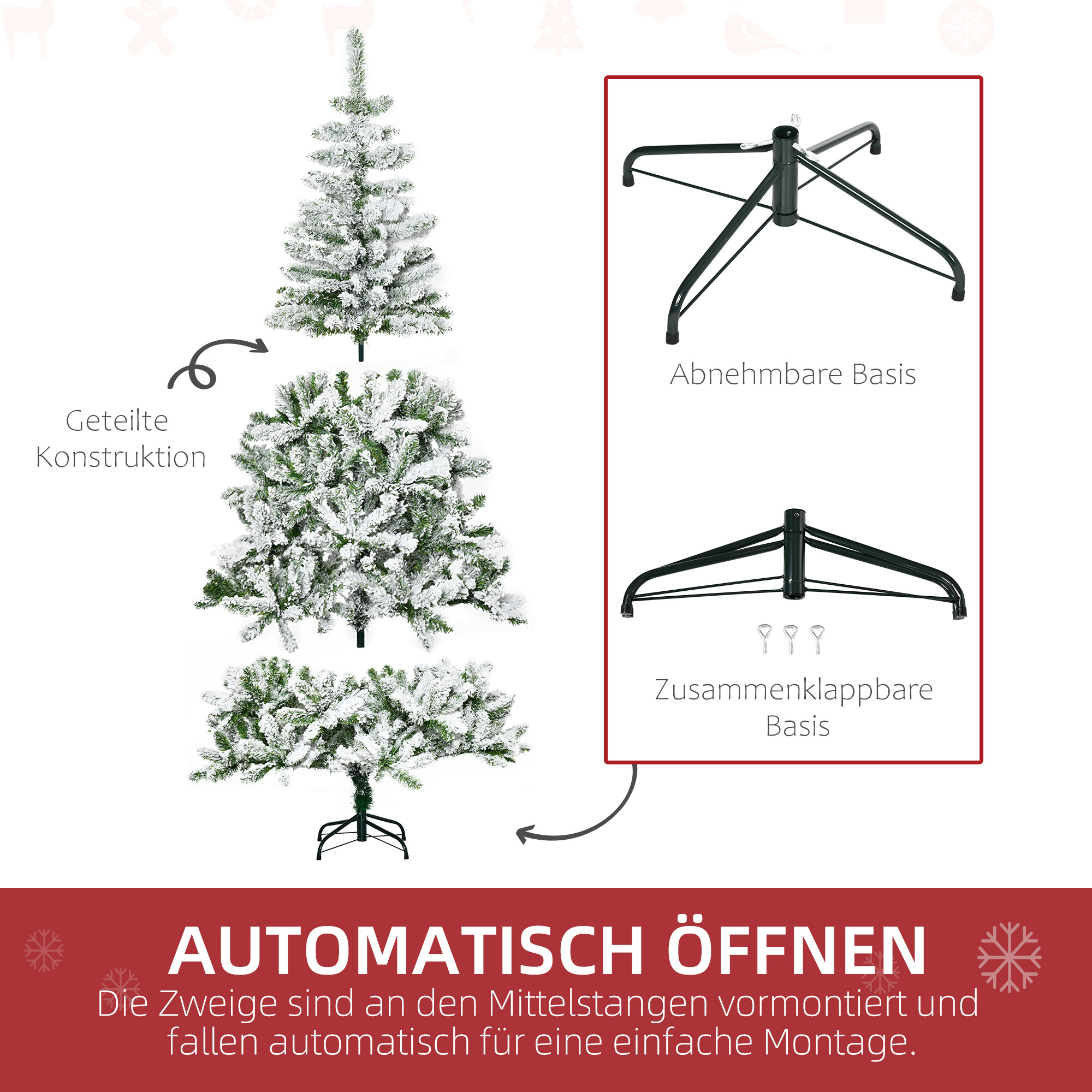 Weihnachtsbaum, Schnee-Effekt, flammenhemmend, Scharnierkonstruktion, Grün/Weiß