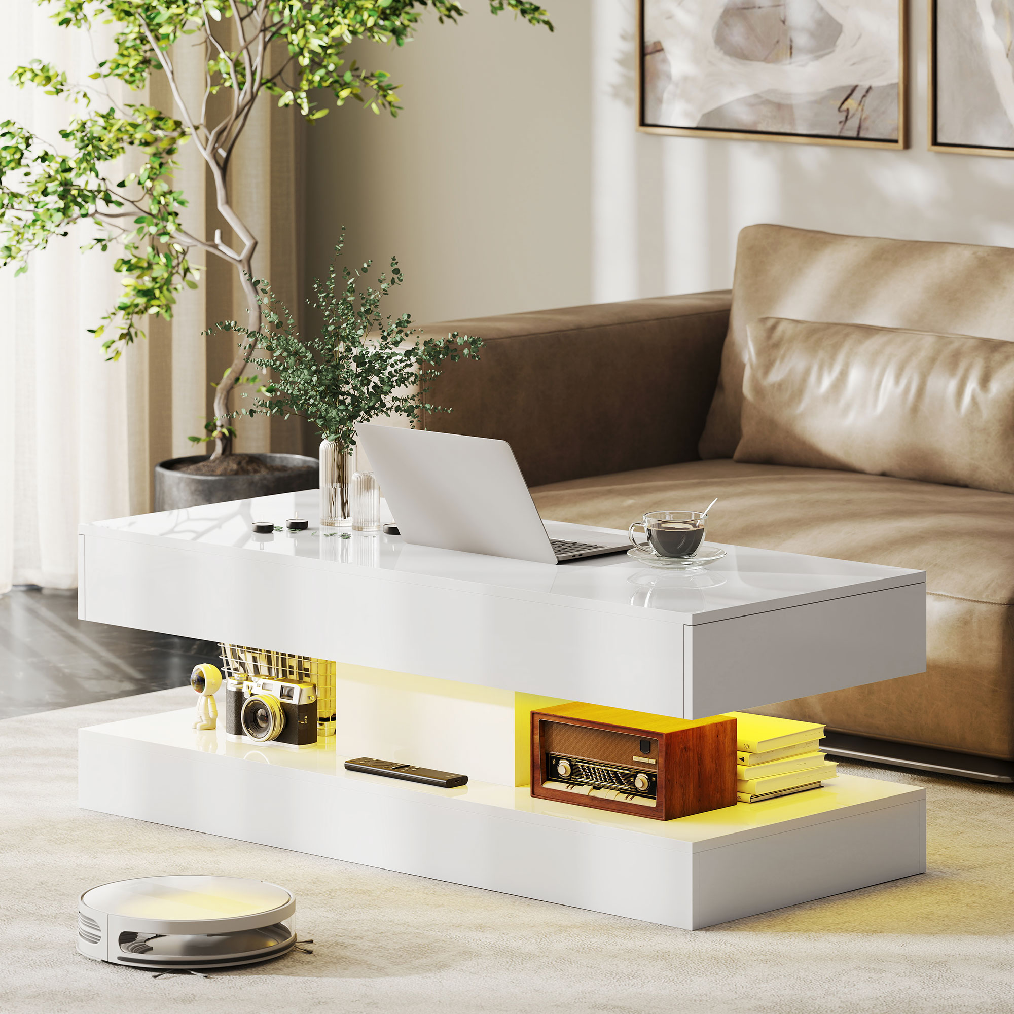 Wohnzimmertisch mit Schubladen und LED-Lichtern, moderner Sofatisch mit offener Ablage, Couchtisch, Spanplatte, Weiß