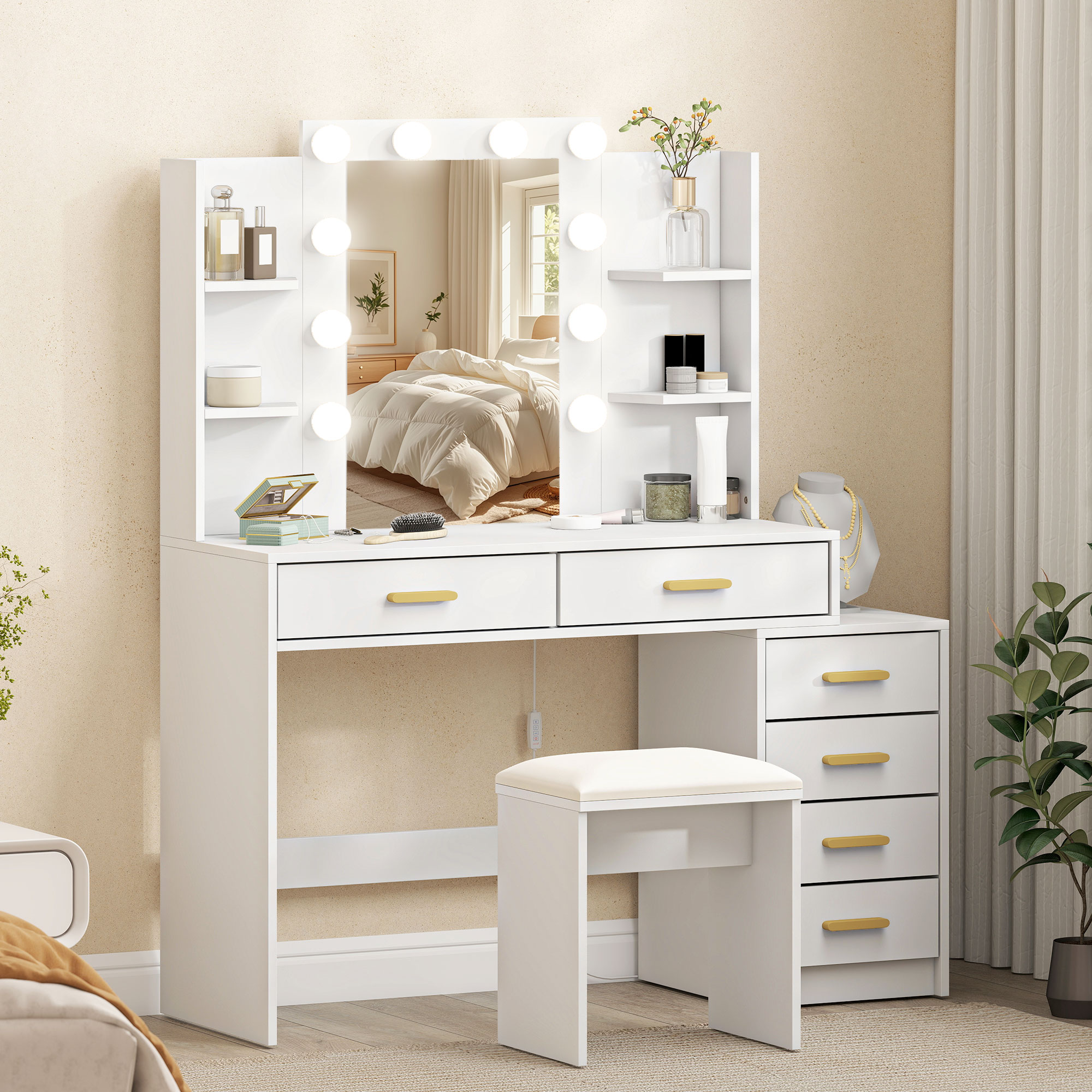 Schminktisch mit beleuchtetem Spiegel und gepolstertem Hocker, Schminkset mit 6 Schubladen und Ablagen, Weiß