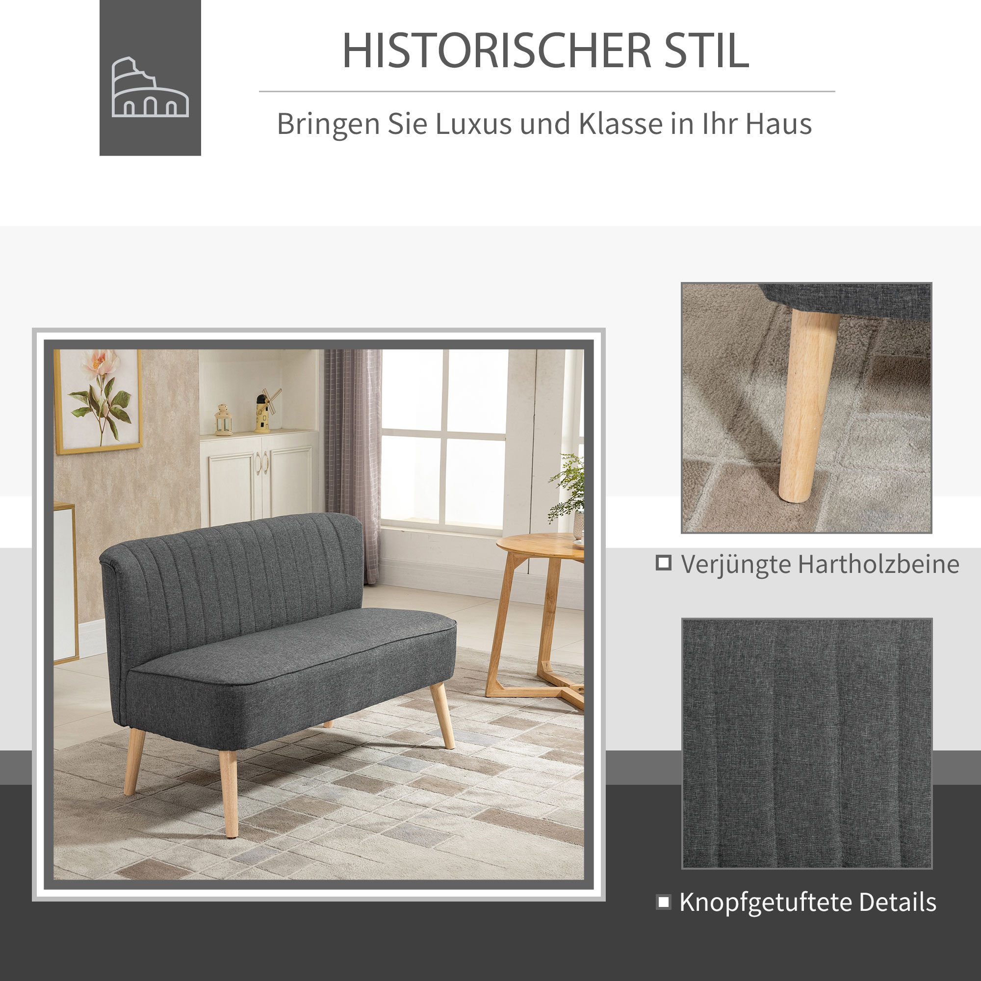 2-Sitzer Sofa, weiche Polsterung, pflegeleichter Bezug, bis 150 kg, 117 x 56,5 x 77 cm, Dunkelgrau