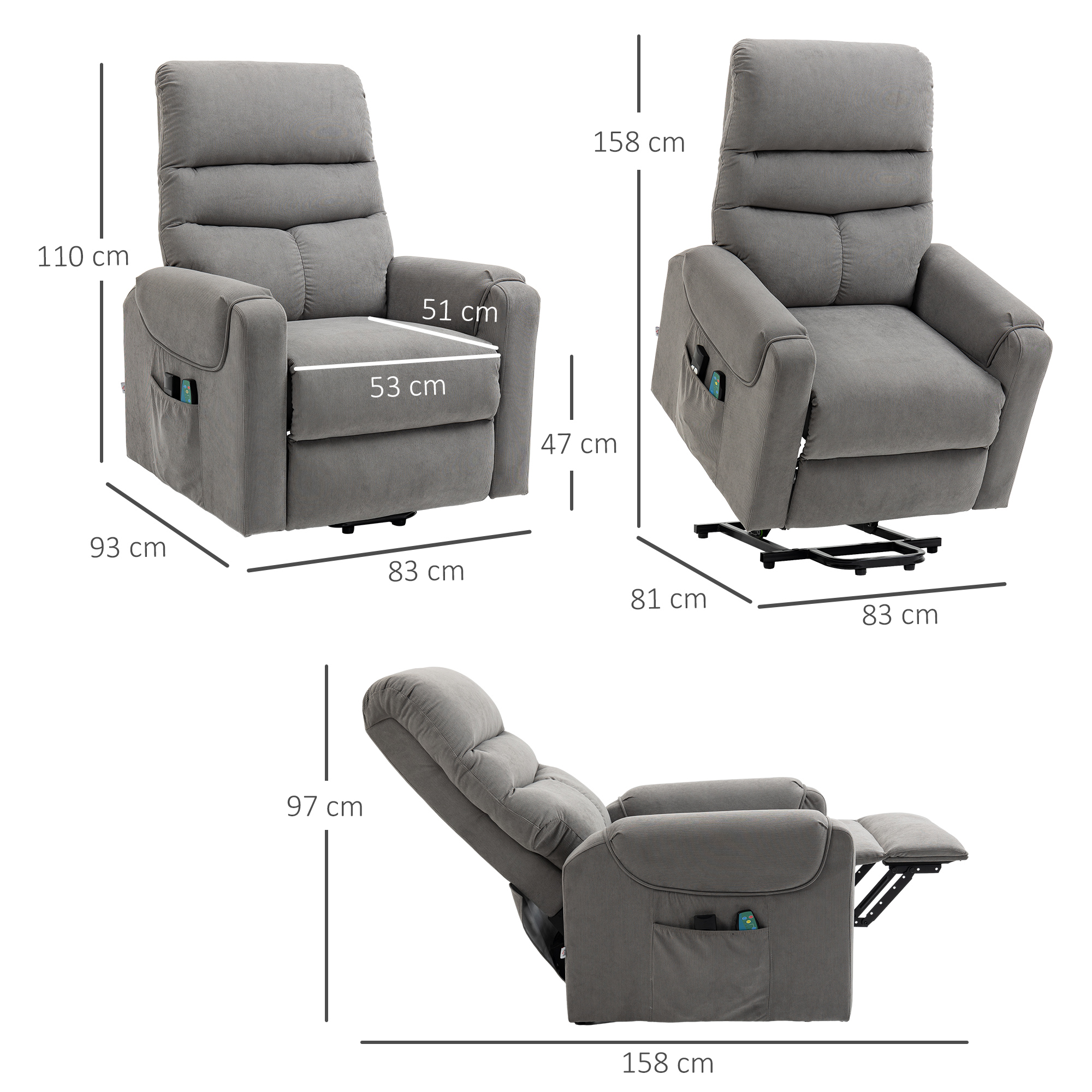 Fernsehsessel mit Aufstehhilfe Elektrisch, Massagesessel mit Liegefunktion und Wärmefunktion, Relaxsessel mit Fernbedienung und Seitentasche Verstellbar Polyester-Gewebe Dunkelgrau