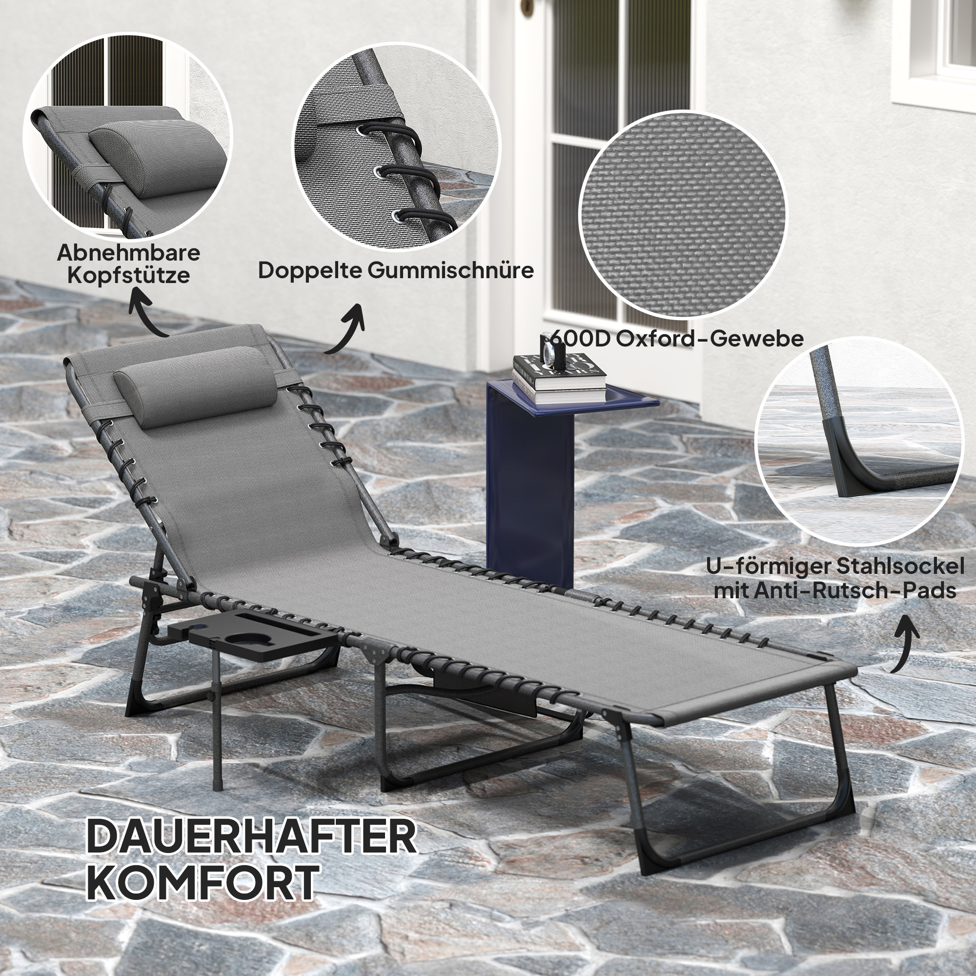Sonnenliege klappbar Gartenliege mit Kopfkissen, Liegestuhl mit 5-Fach verstellbare Rückenlehne bis 120 kg