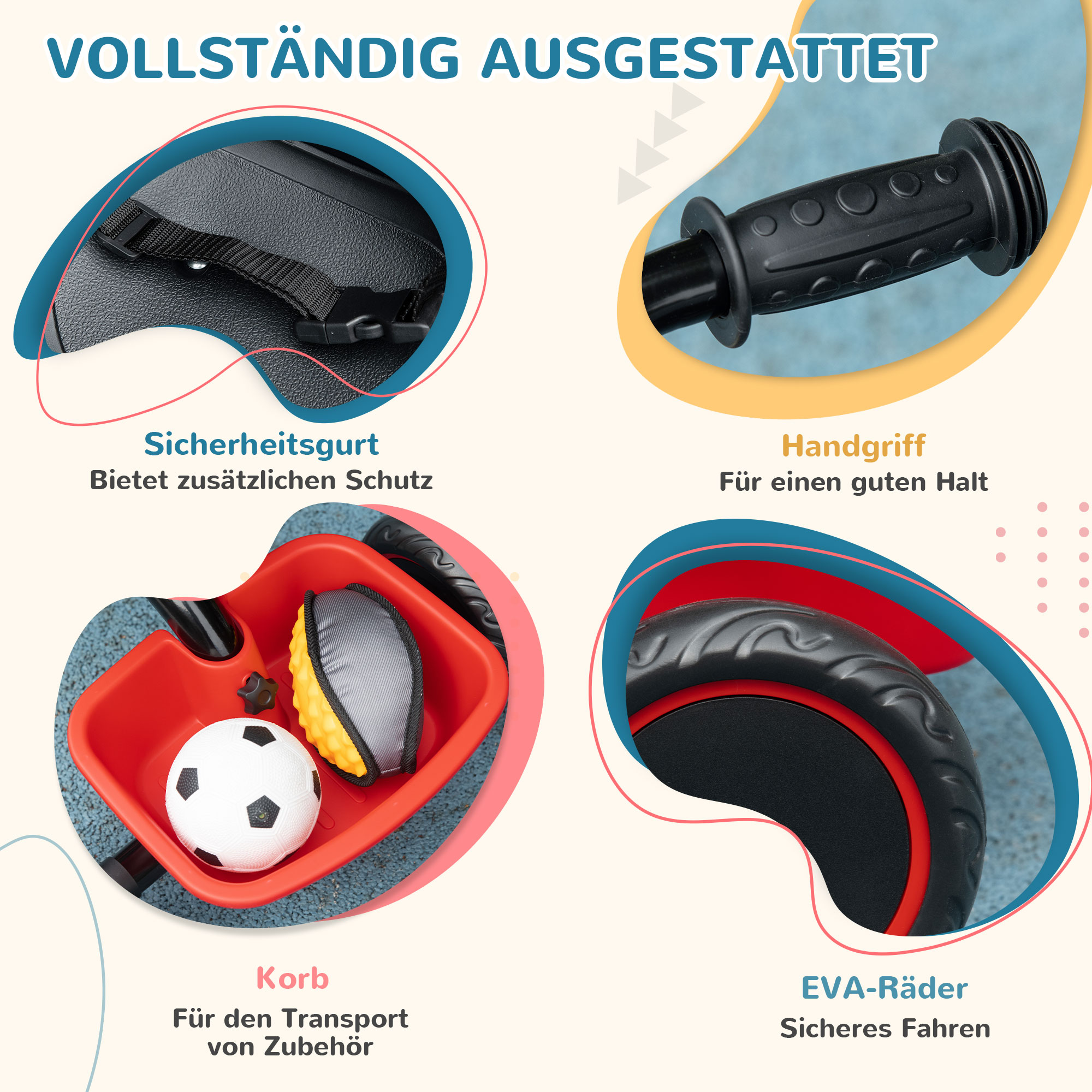 Kinderdreirad mit Beckengurt, 2 Körben, höhenverstellbarer Sitz, Metallrahmen, für Kinder 2-5 Jahre, schwarz+rot