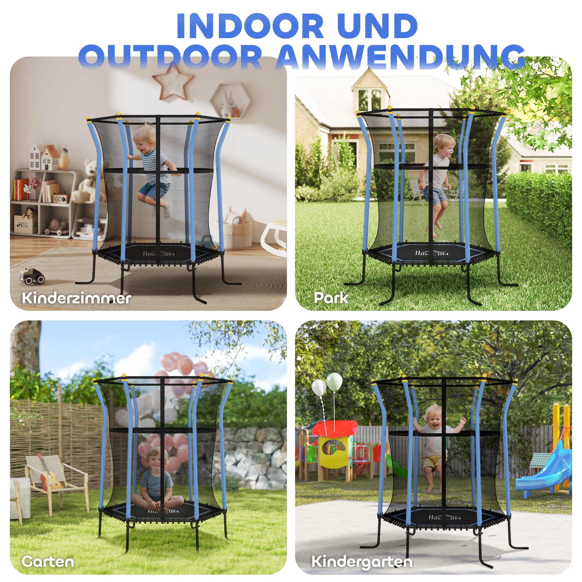 Trampolin für Kinder, Ø163,5 cm, mit Sicherheitsnetz, gepolstert, Stahl, belastbar bis 50 kg, Schwarz & Blau