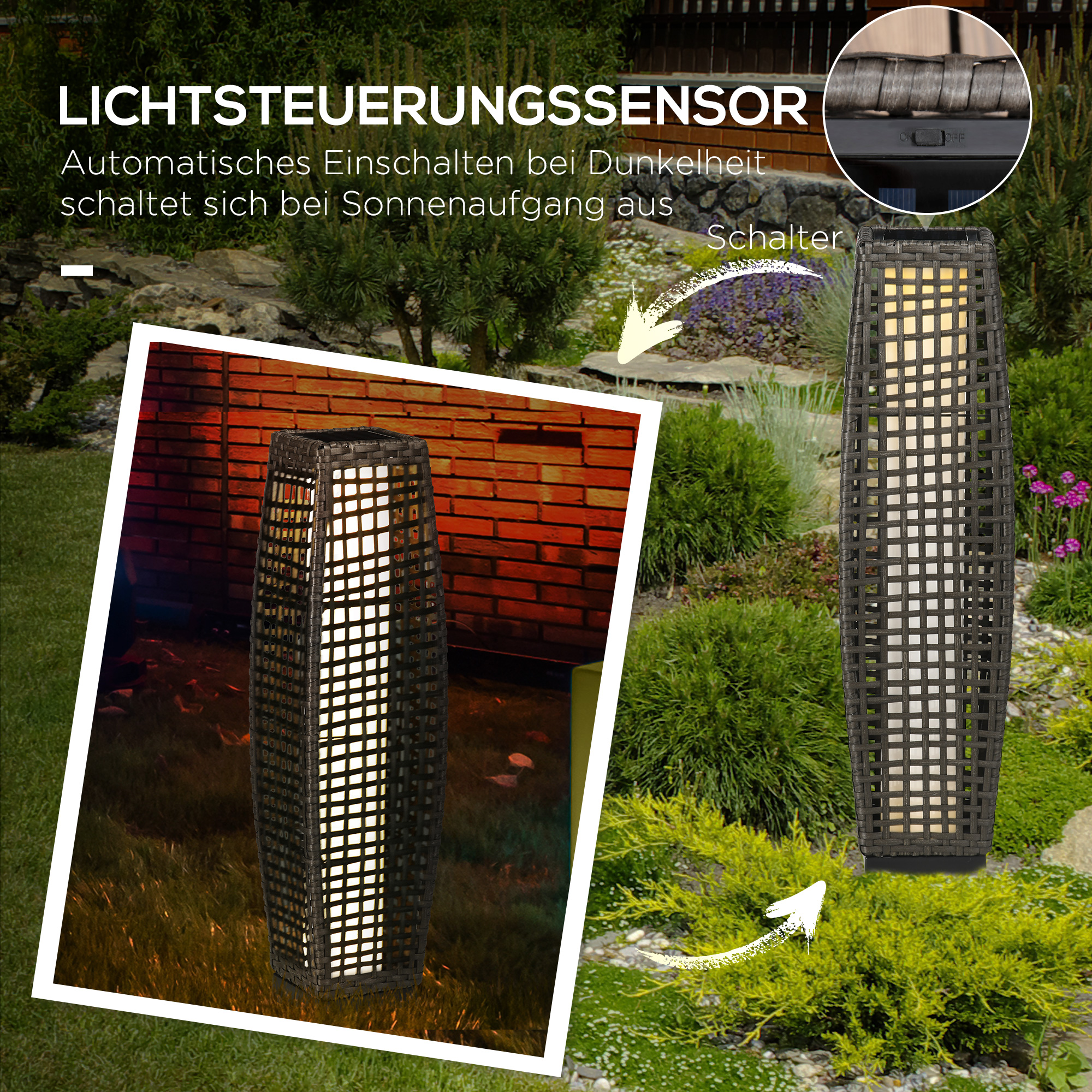 Solar Stehlampe Rattan Solarlampen mit Lichtsensor Automatische LED Solarleuchte im Boho-Stil IP44 Wasserdicht