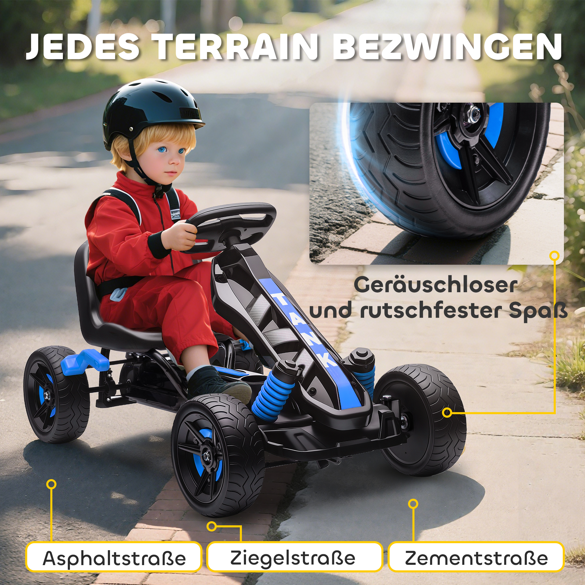 Gokart mit Pedalen, Tretauto für Kinder mit Bremse, rutschfeste Räder, Metallrahmen, 3-6 Jahre, Blau