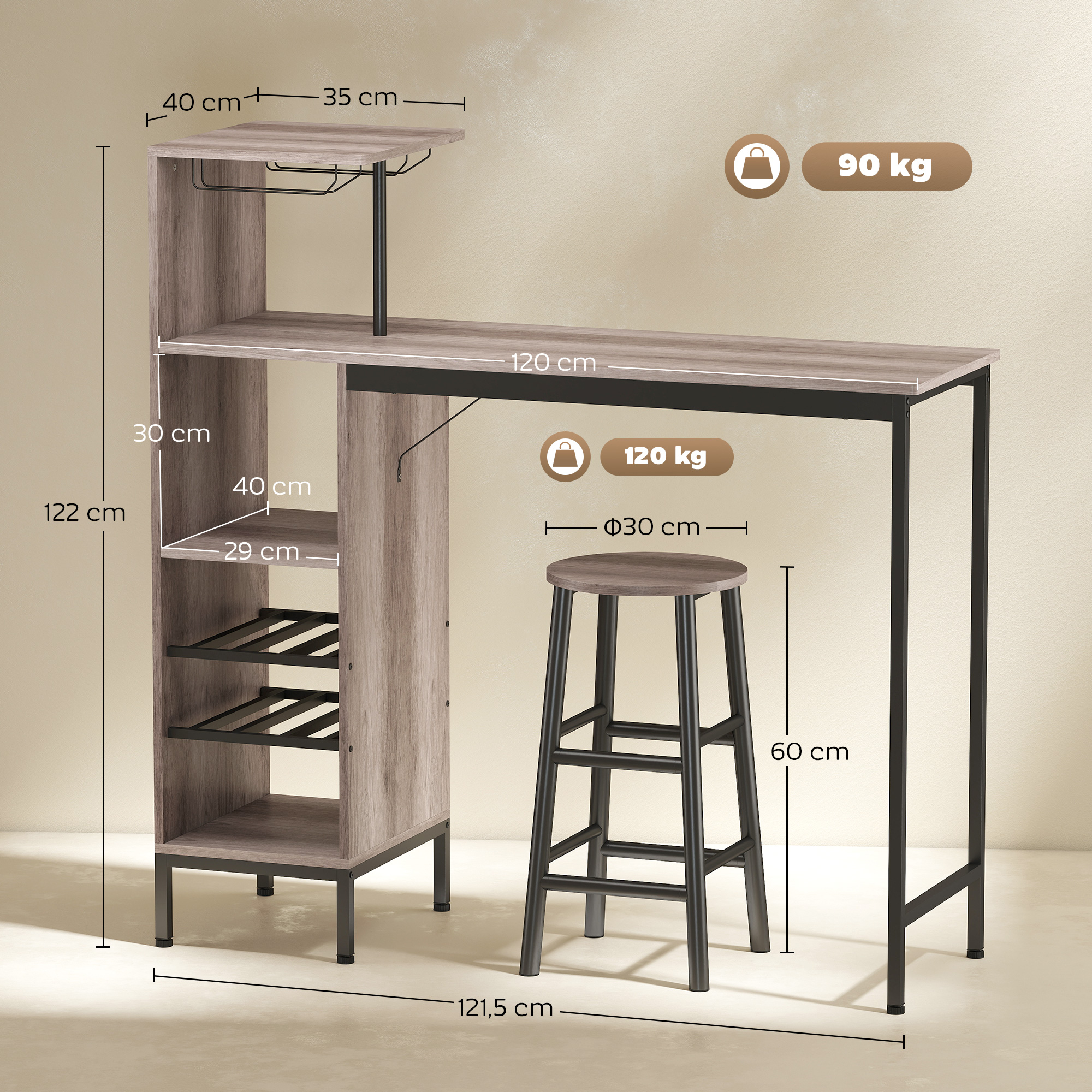 3-tlg. Bartisch-Set mit Stauraum, Weinregalen, Glashaltern, Hockern mit Fußstütze, für kleine Räume, Grau