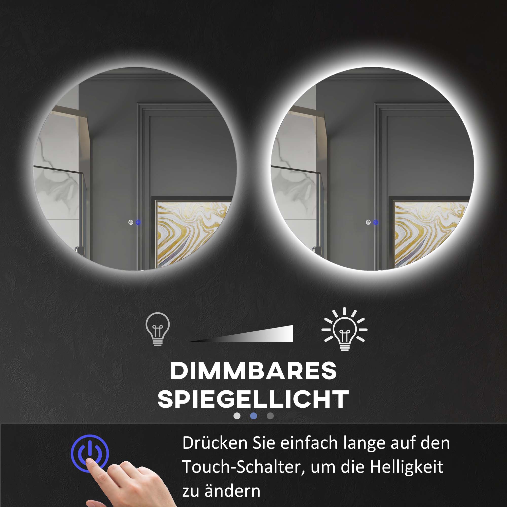 Badezimmerspiegel, LED, Farbwechsel, Antibeschlag, Touch-Schalter, IP44, Ø 60 cm, Weiß