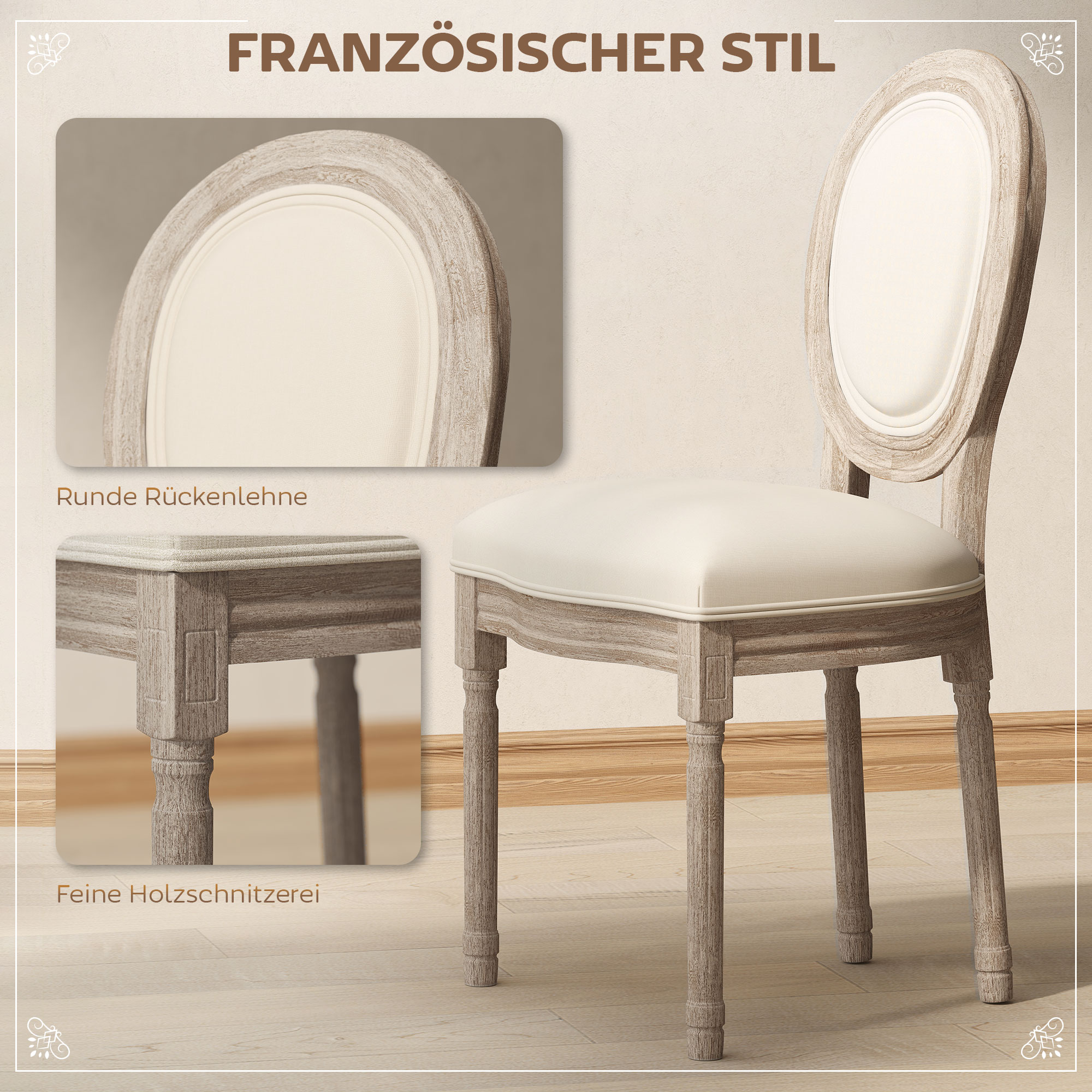 Esszimmerstühle 2er Set Küchenstuhl mit Rückenlehne, Linenoptik, Sessel Polsterstuhl, Stühle, Wohnzimmerstuhl mit Holzbeine für Esstisch, Cremeweiß+Natur