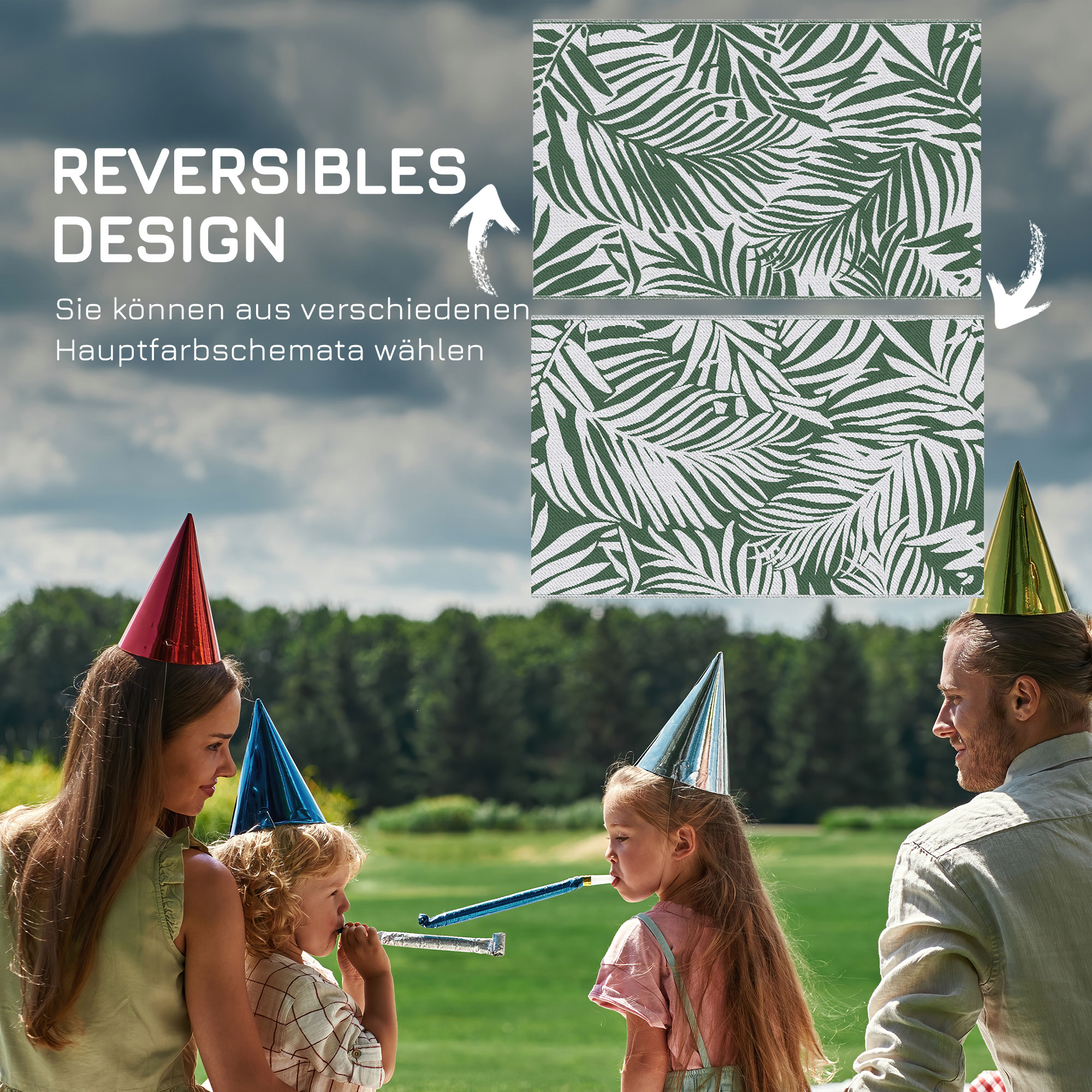 Outdoor Teppich, wendbar, wetterfest, Outdoorteppich Carpet mit Blätter-Muster, 152 x 243 cm Dunkelgrün