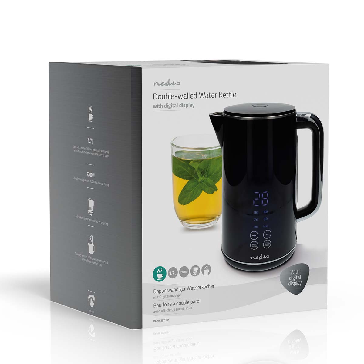 Wasserkocher | 1.7 l | Plastik | schwarz | 50,60,70,80,90,100 °C | Temperaturanzeige | Um 360 Grad drehbar | Verdecktes Heizelement | Strix Controller | Boil-dry protection