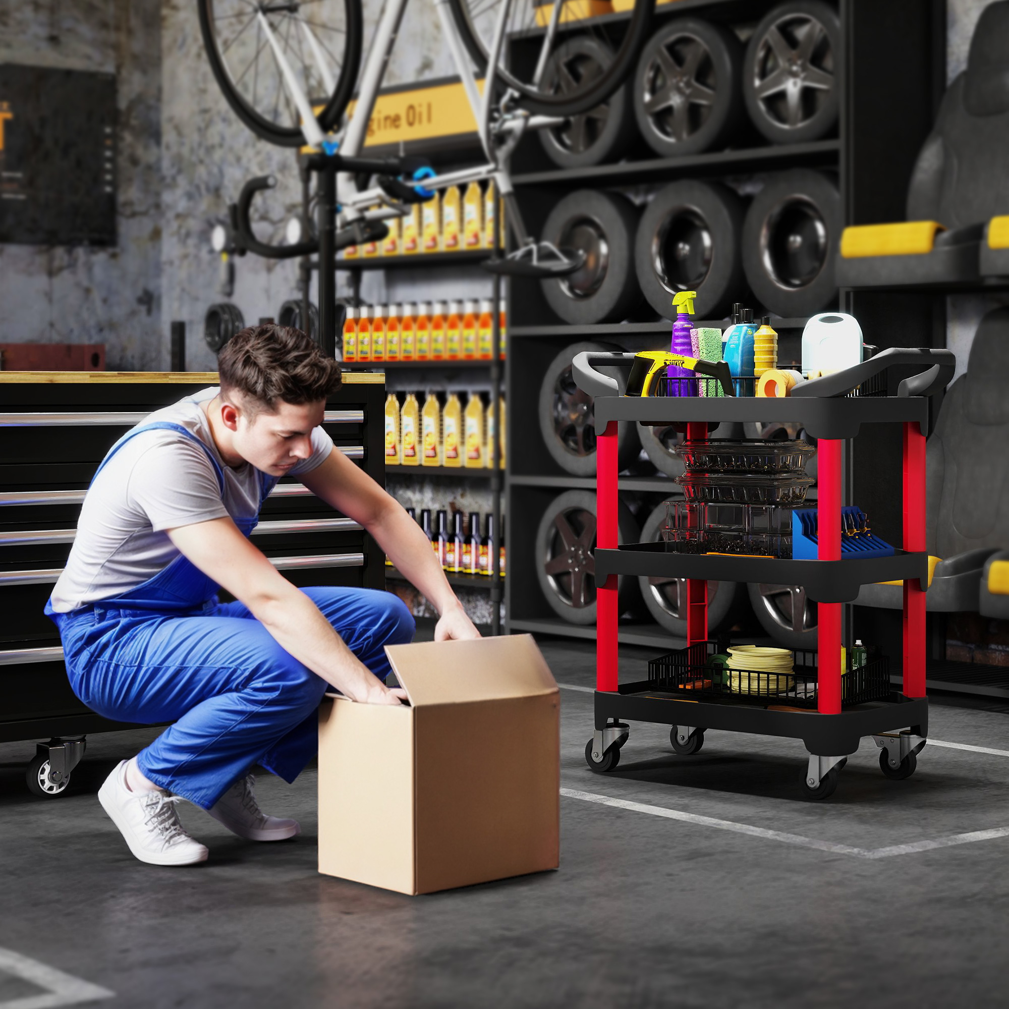 Werkzeugwagen mit 3 Ebenen, seitliche Griffe, Räder, Kunststoff, Schwarz