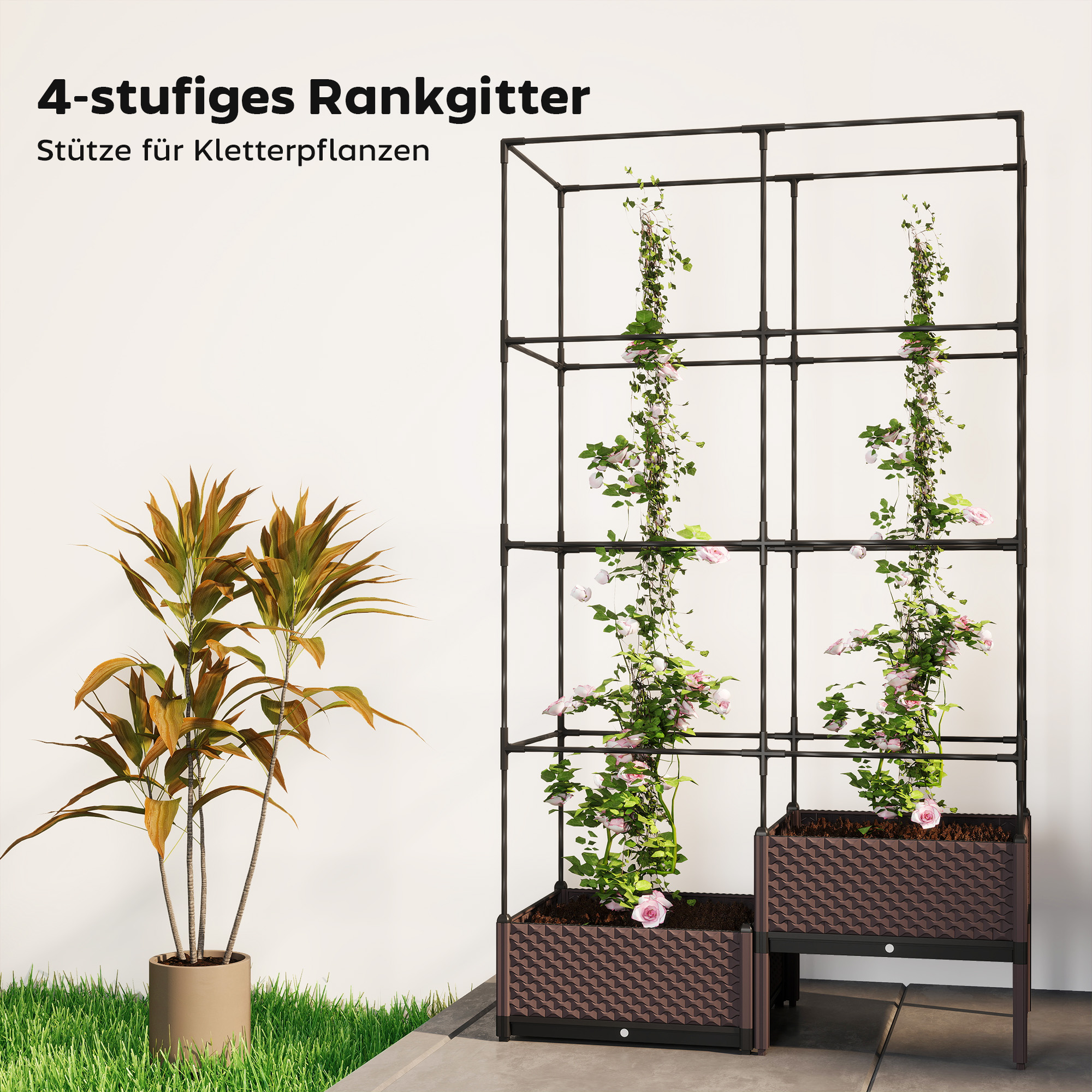 Hochbeet Pflanzkasten mit Rankgitter, Abflusslöchern, Pflanzkübel aus Kunststoff 100 x 50 x 174 cm