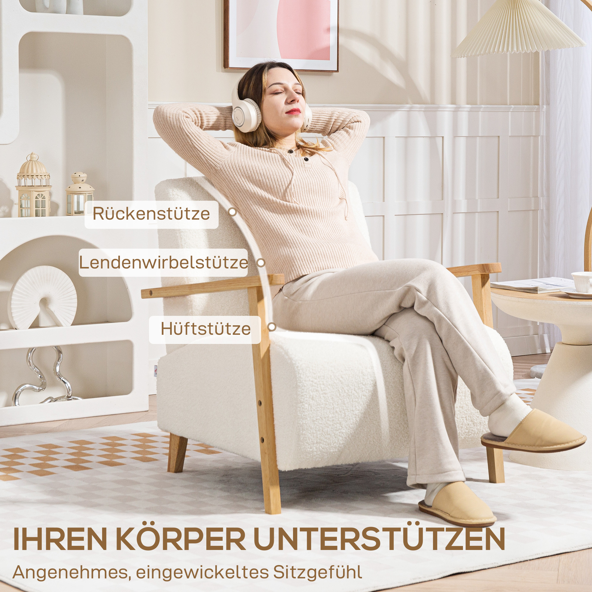 Sessel mit Rückenlehne, Armlehnen, Gepolstert Loungesessel mit Sherpa-Optik, Holzbeine, für Schlafzimmer, Wohnzimmer, bis 120 kg, Cremeweiß