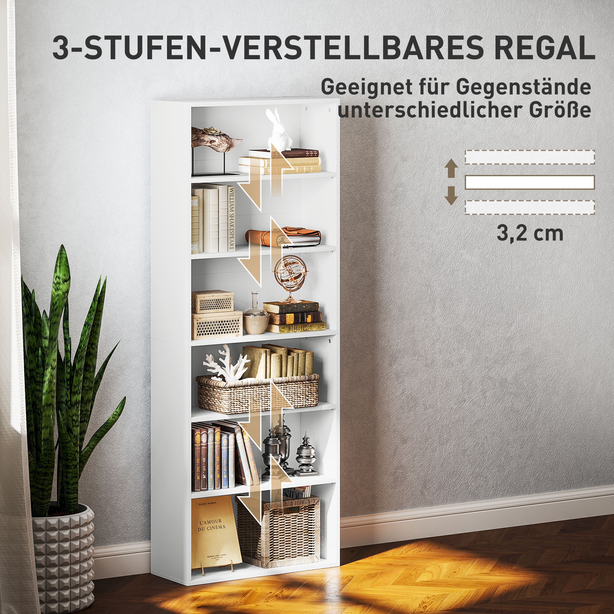 Bücherregal, 6 Fächer, verstellbare Regale, Spanplatte, 60 x 24 x 158,5 cm, Weiß