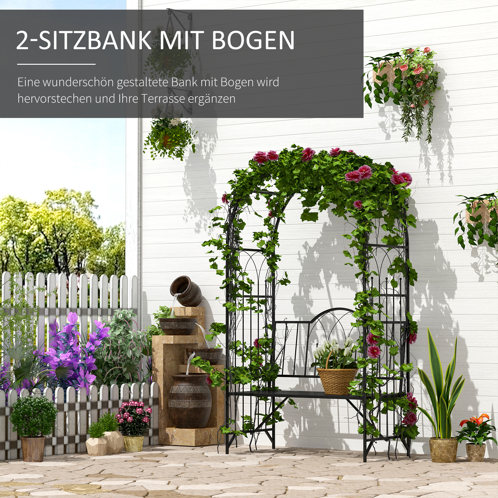 Rosenbogen mit Bank Rosenbank Laubenbank Philosophenbank Rankgitter Rankhilfe Gartenbank Metall Schwarz 115 x 59 x 203 cm