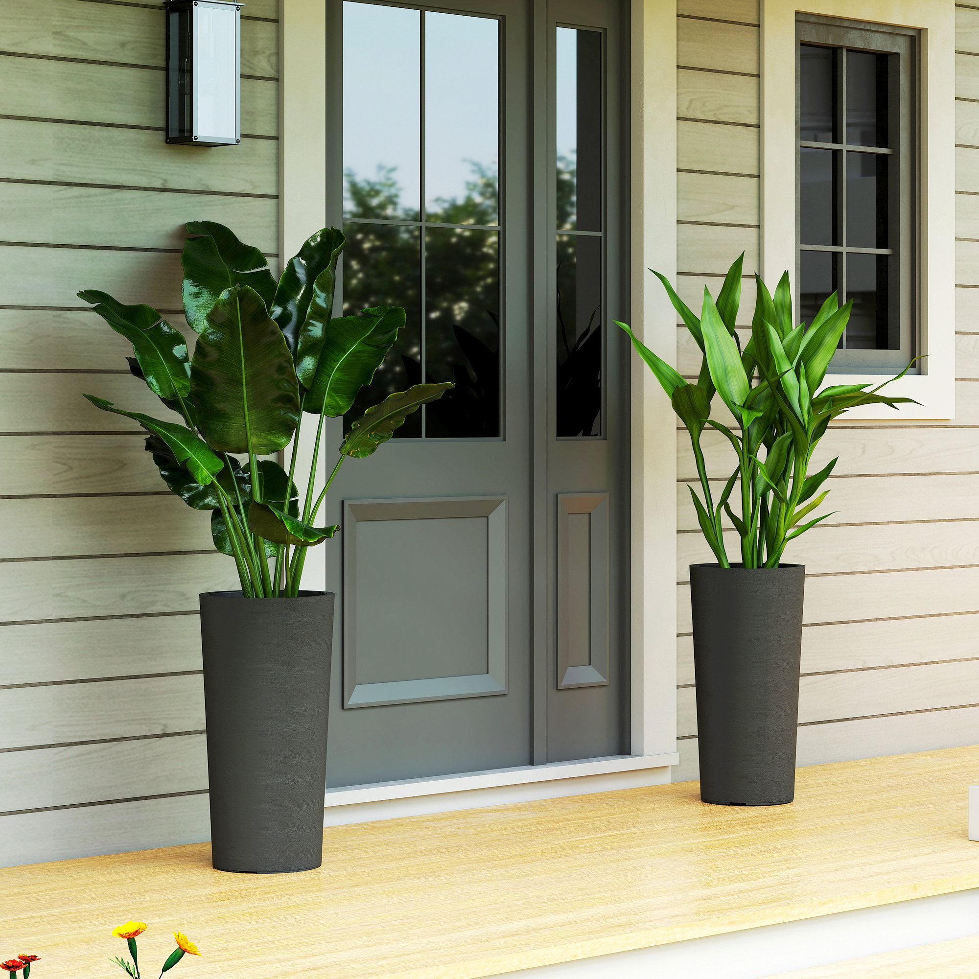 2er Set Blumentopf stapelbar Pflanzkübel mit Löcher 35x35 cm Pflanztöpfe Rund Dunkelgrau