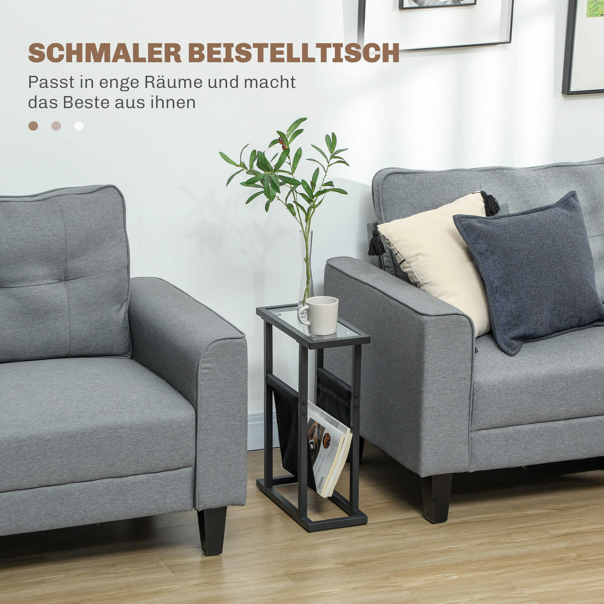 Beistelltisch aus Metall mit Stofftasche und Glasplatte, schmaler Tisch für Wohnzimmer, Schlafzimmer, Schwarz