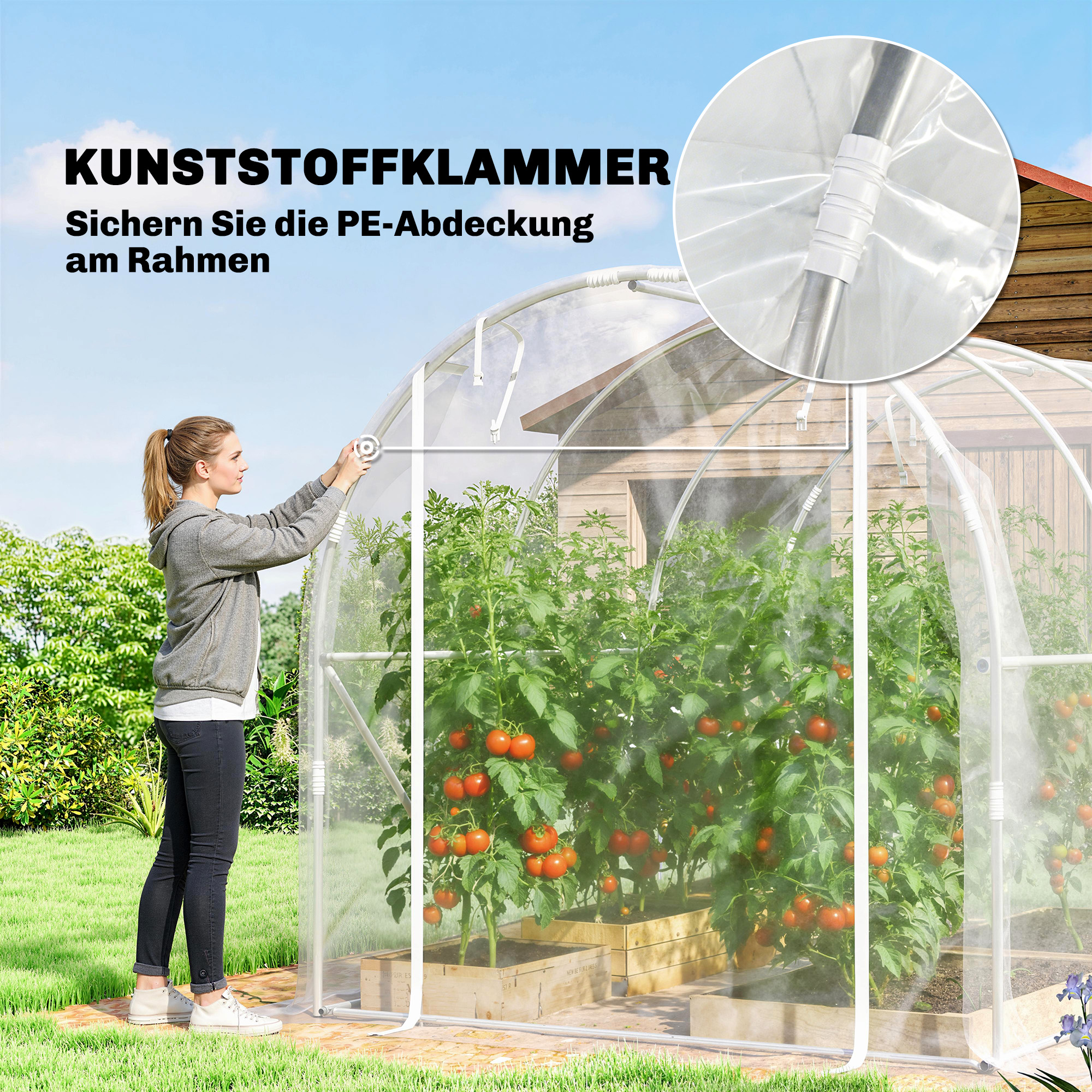 Polytunnel-Gewächshaus, begehbares Gewächshaus mit verzinktem Stahlrahmen und UV-beständiger PE-Abdeckung, transparent