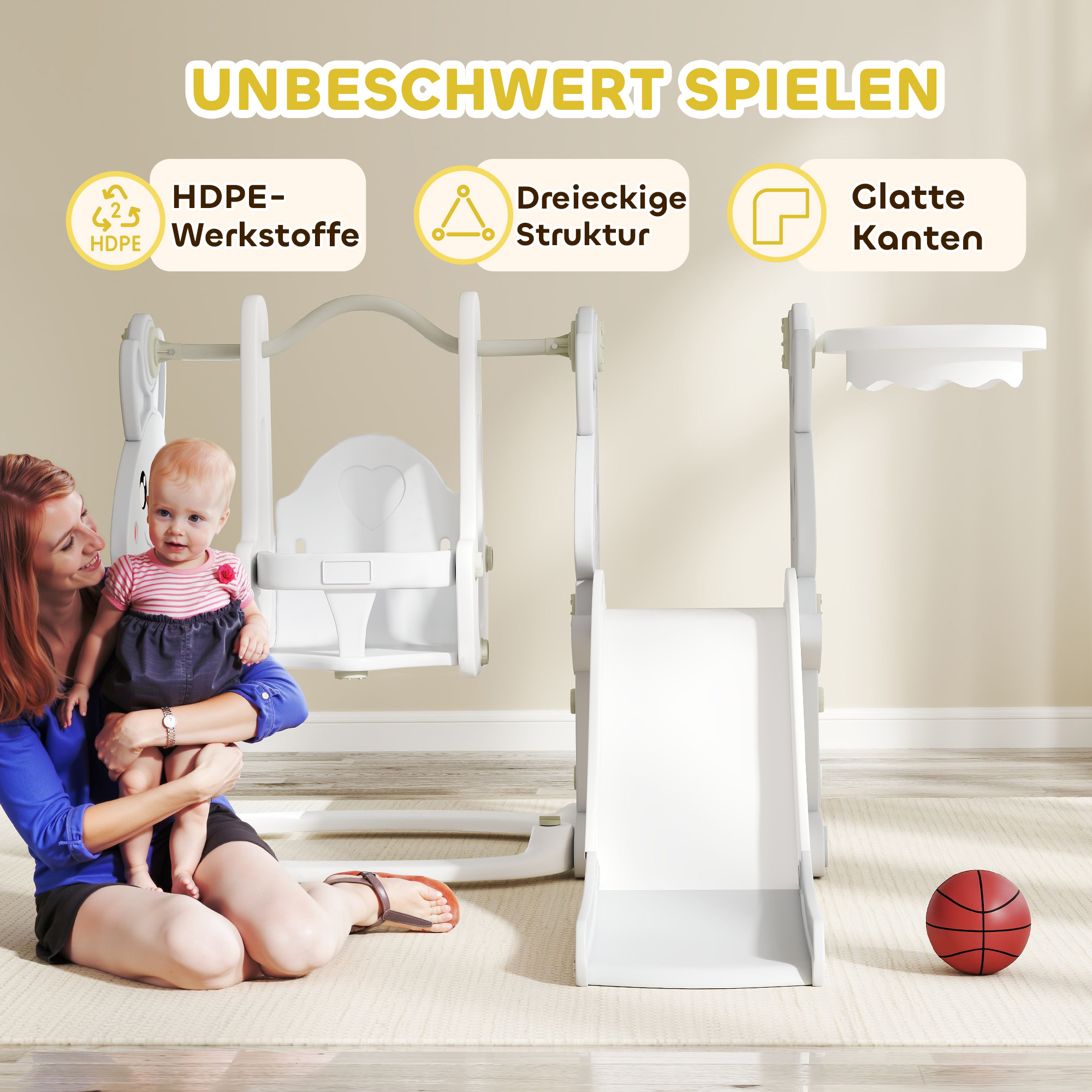 4-in-1 Spielset für Kleinkinder, Rutsche, Schaukel, Klettergerüst, Basketballkorb, Kunststoff, Hasendesign, Grau