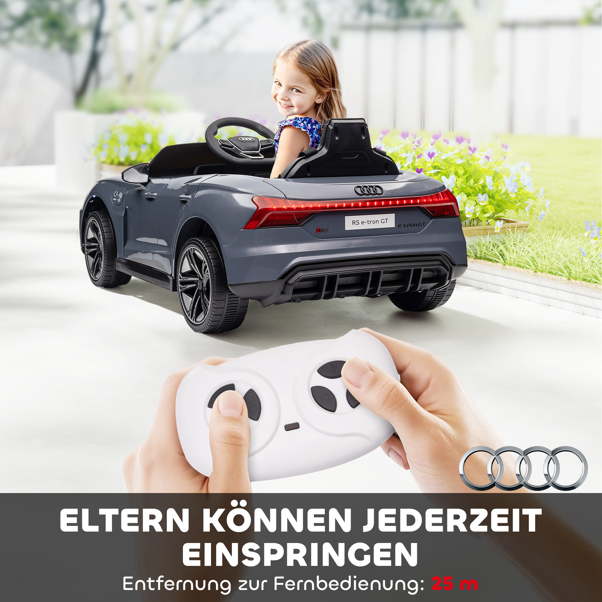 Kinder-Elektroauto mit Fernbedienung, Sicherheitsgurt, Hupe, Musik, Scheinwerfer, bis 5 km/h, 3-5 Jahre, Grau