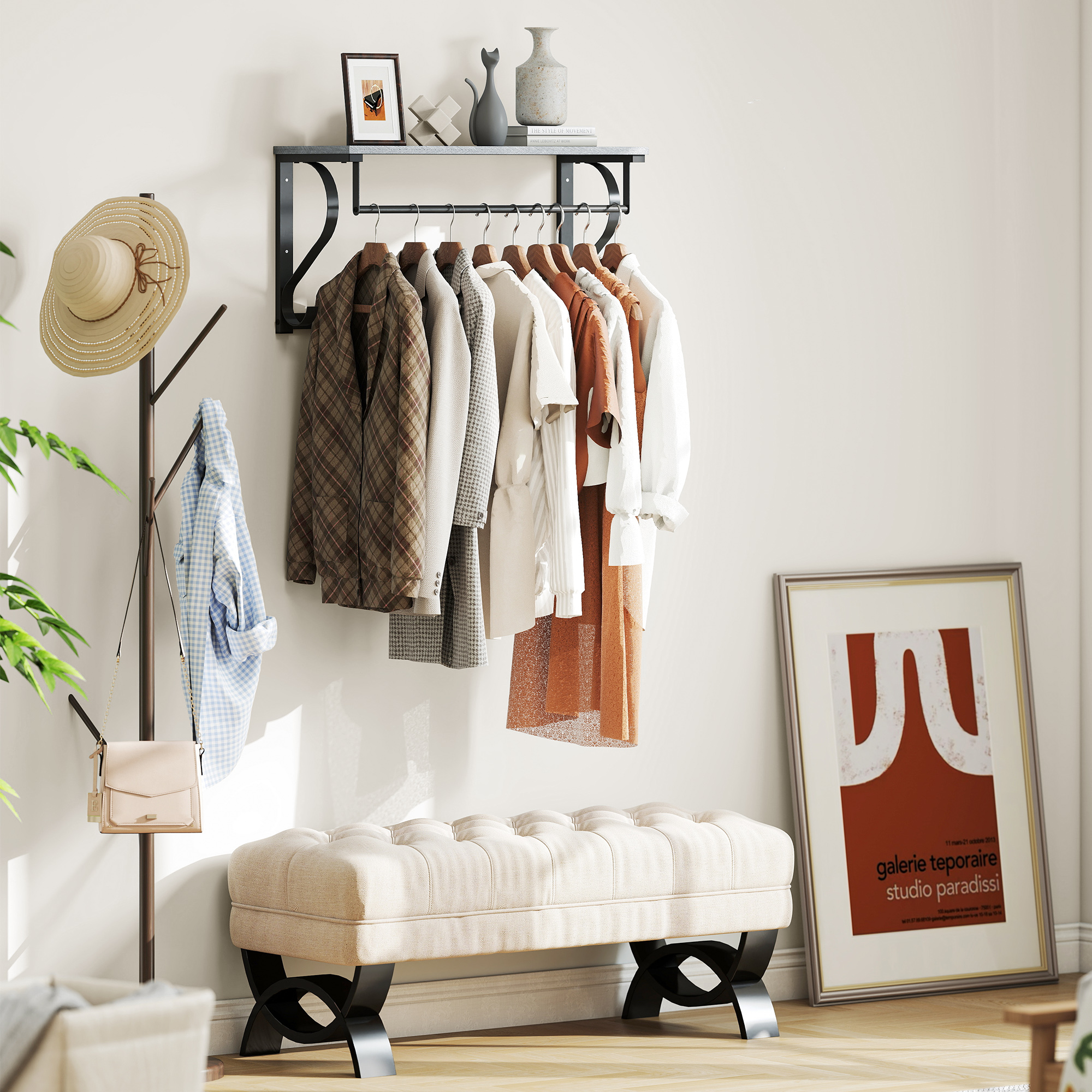 Wandmontierter Kleiderständer, Kleiderhaken, 5 Haken, oberes Fach, vielseitig, Grau