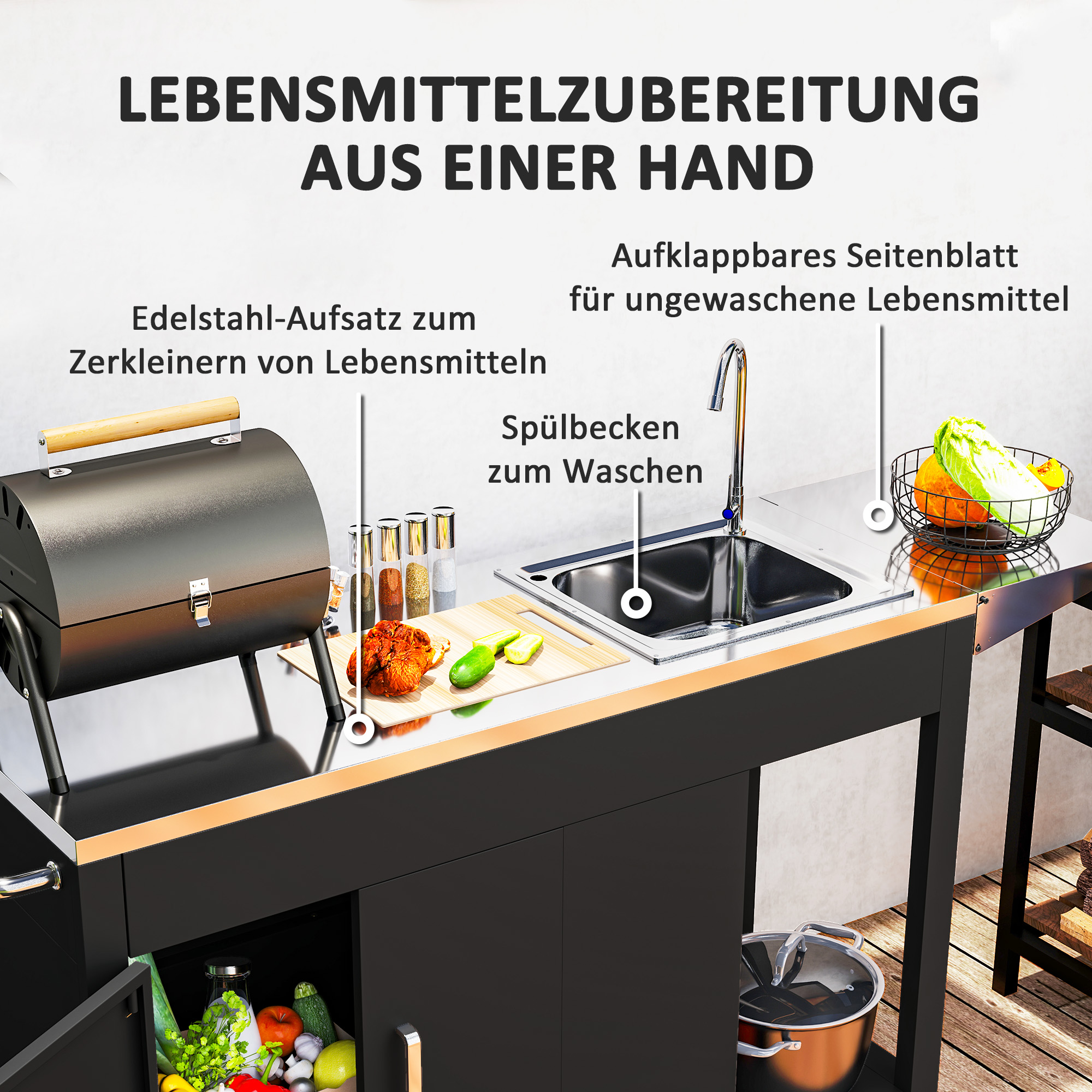 Grillwagen Servierwagen mit Arbeitsfläche Seitenblatt Schrank Spüle Räder, Edelstahl 162,5x47x87cm Schwarz