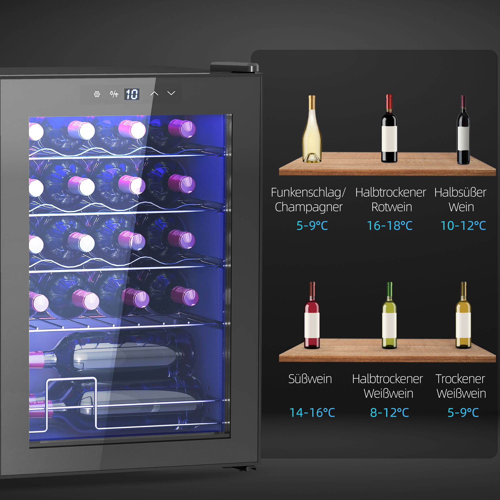 Weinkühlschrank, Mini-Kühlschrank für 20 Flaschen, 53 Liter Kapazität, mit Glastür, LED-Beleuchtung, Schwarz