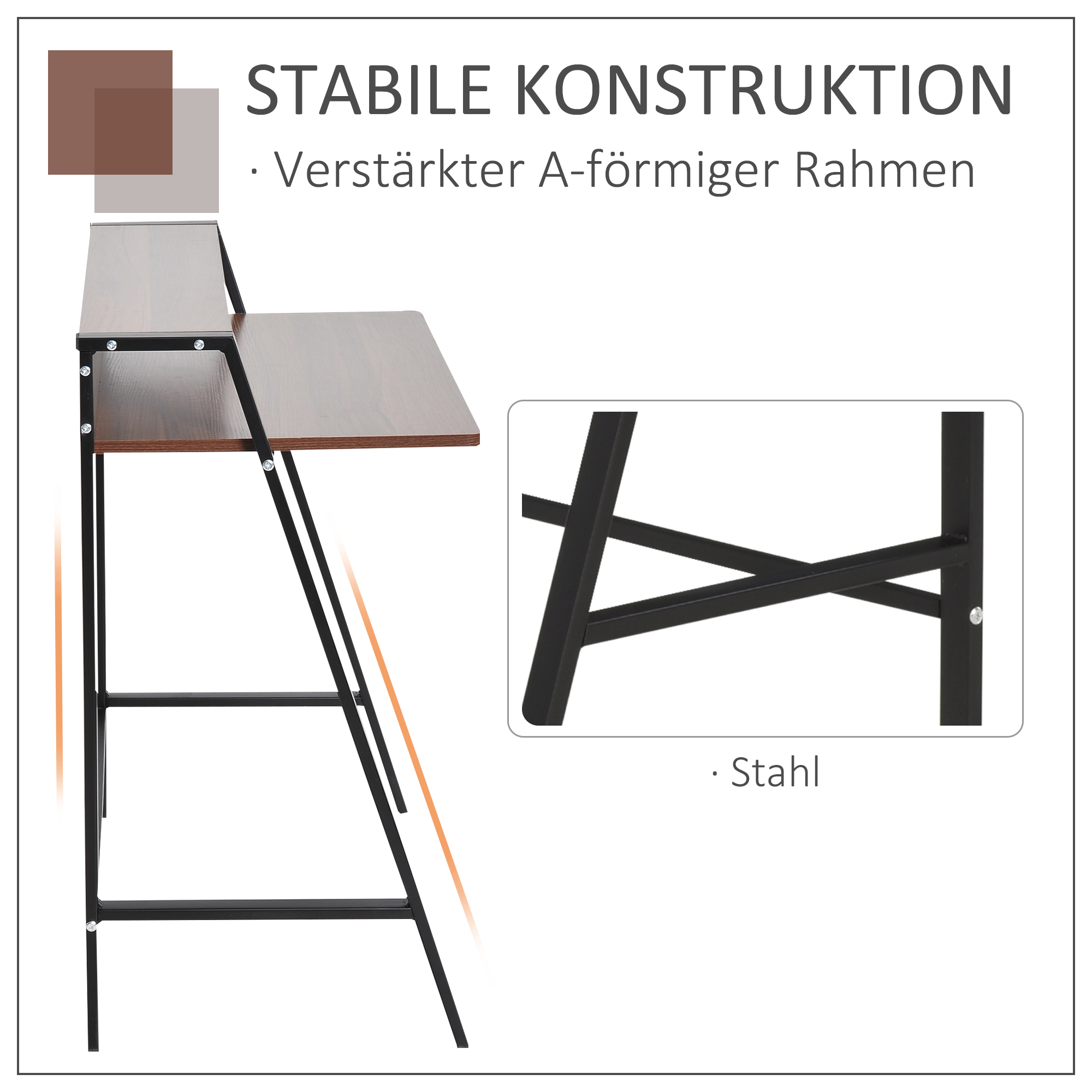 Schreibtisch, Computertisch mit Ablage und Kabel Management, moderner Schreibtisch mit Metallgestell für Arbeitszimmer, Schlafzimmer, Home Office, 84 x 45 x 85 cm, Walnuss+Schwarz