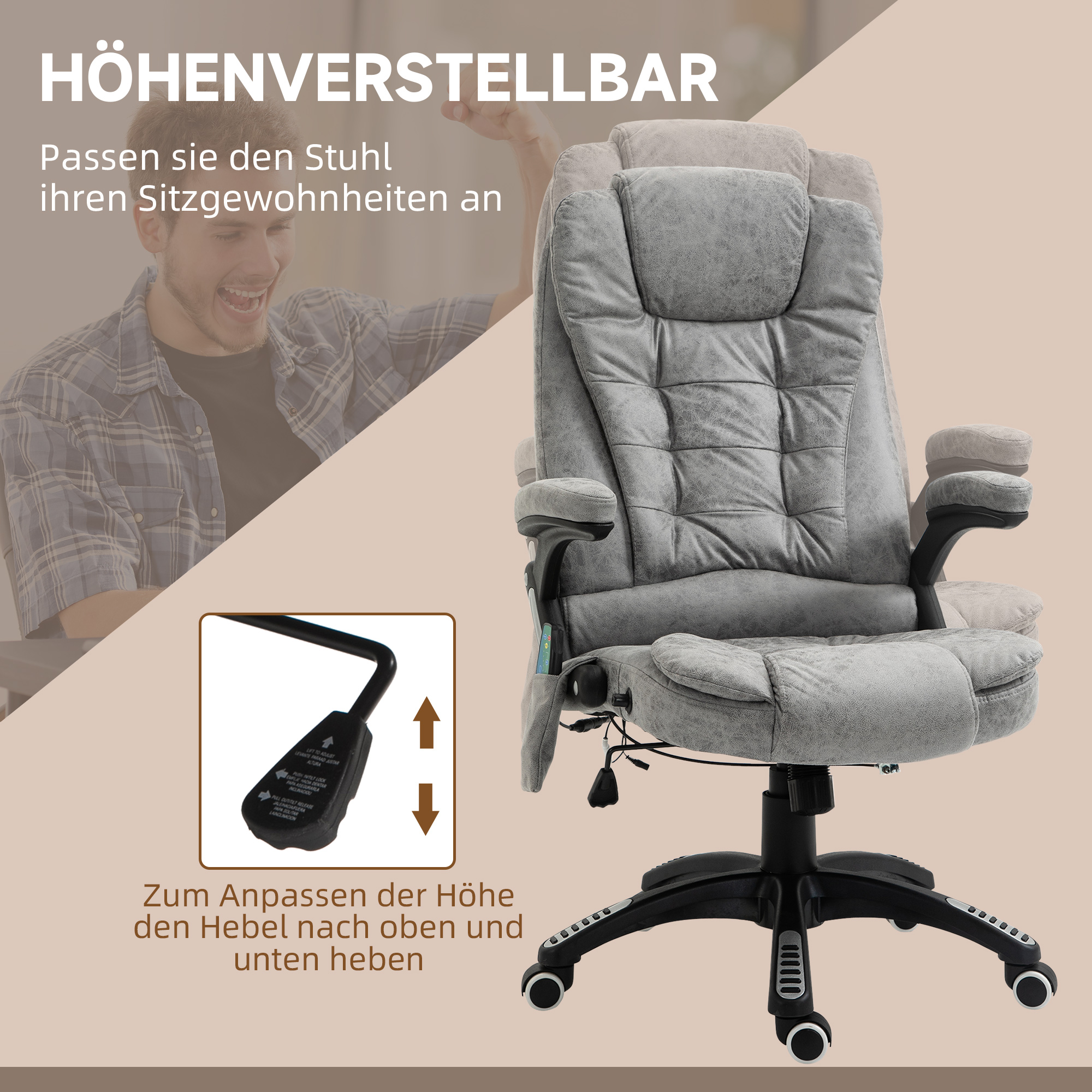 Chefsessel mit Massage- & Wärmefunktion, ergonomisch, verstellbar, bis 120kg, Grau