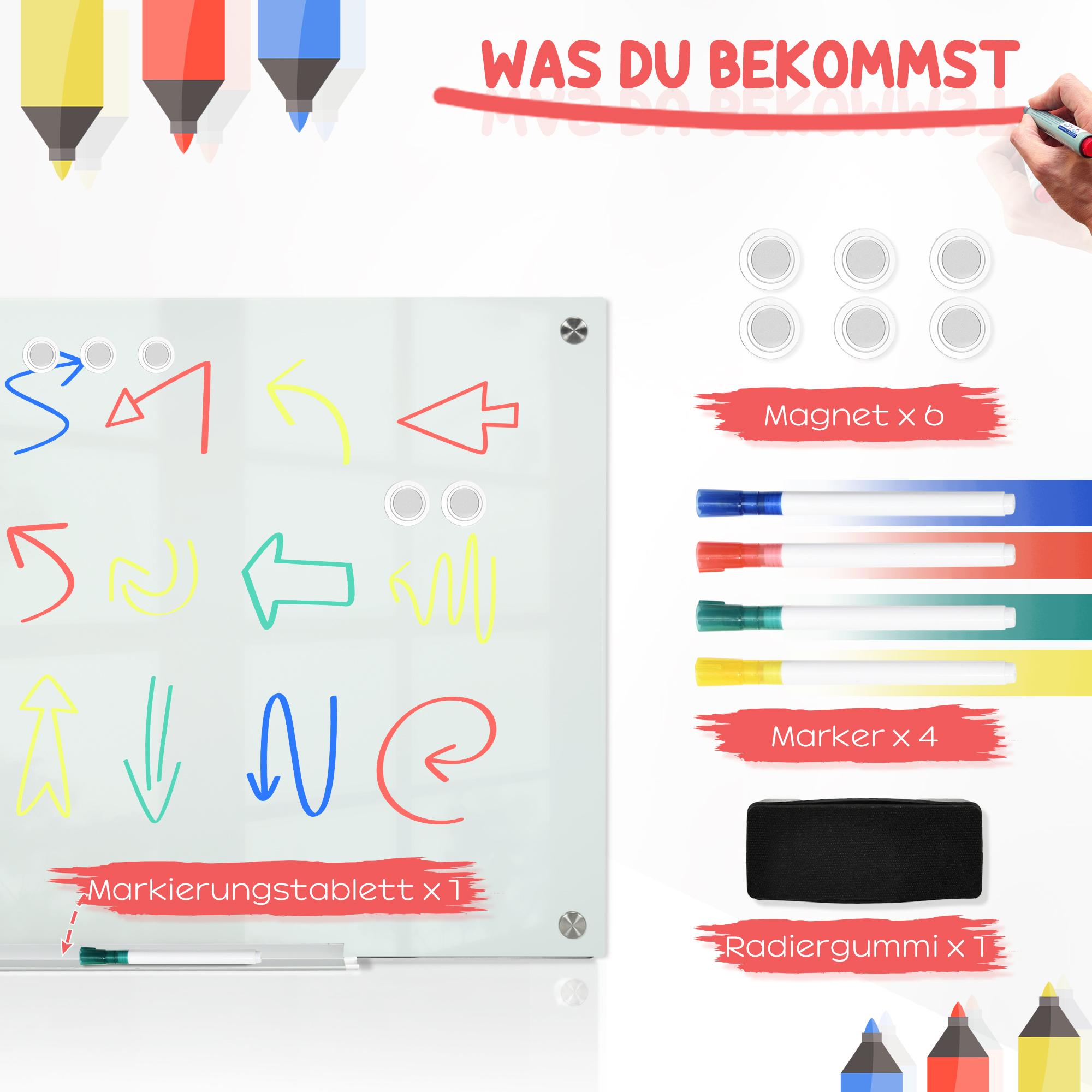Glas Whiteboard, Memoboard, Whiteboard,  4 Stifte, 6 Magnete, 1 Schwamm,1 Ablage, Weiß