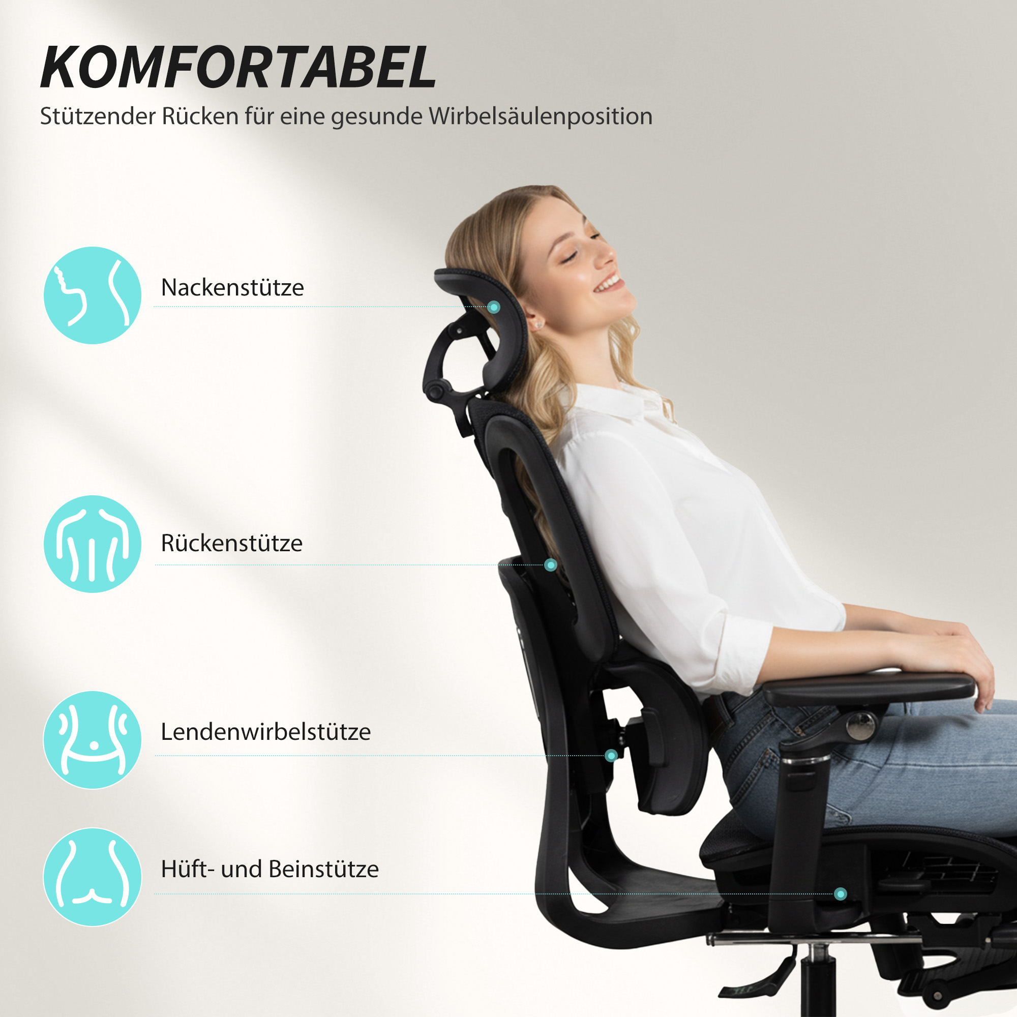 Bürostuhl Ergonomisch Schreibtischstuhl mit verstellbar Lenden- und Kopfstütze 6D-Klapparmlehnen Fußstütze Netz Schwarz